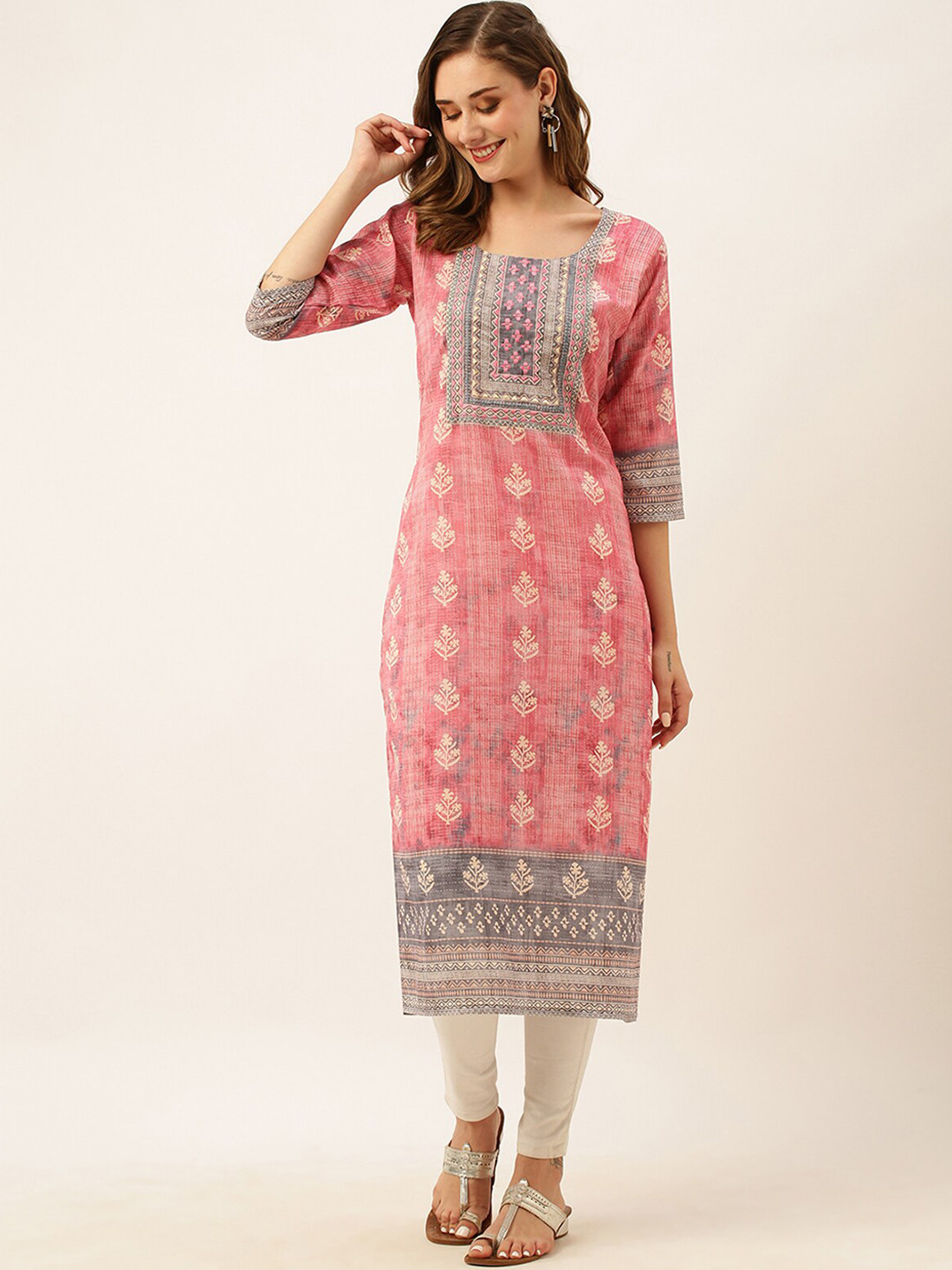 

ODETTE Ethnic Motifs Printed Thread Work Cotton Straight Kurta, Pink