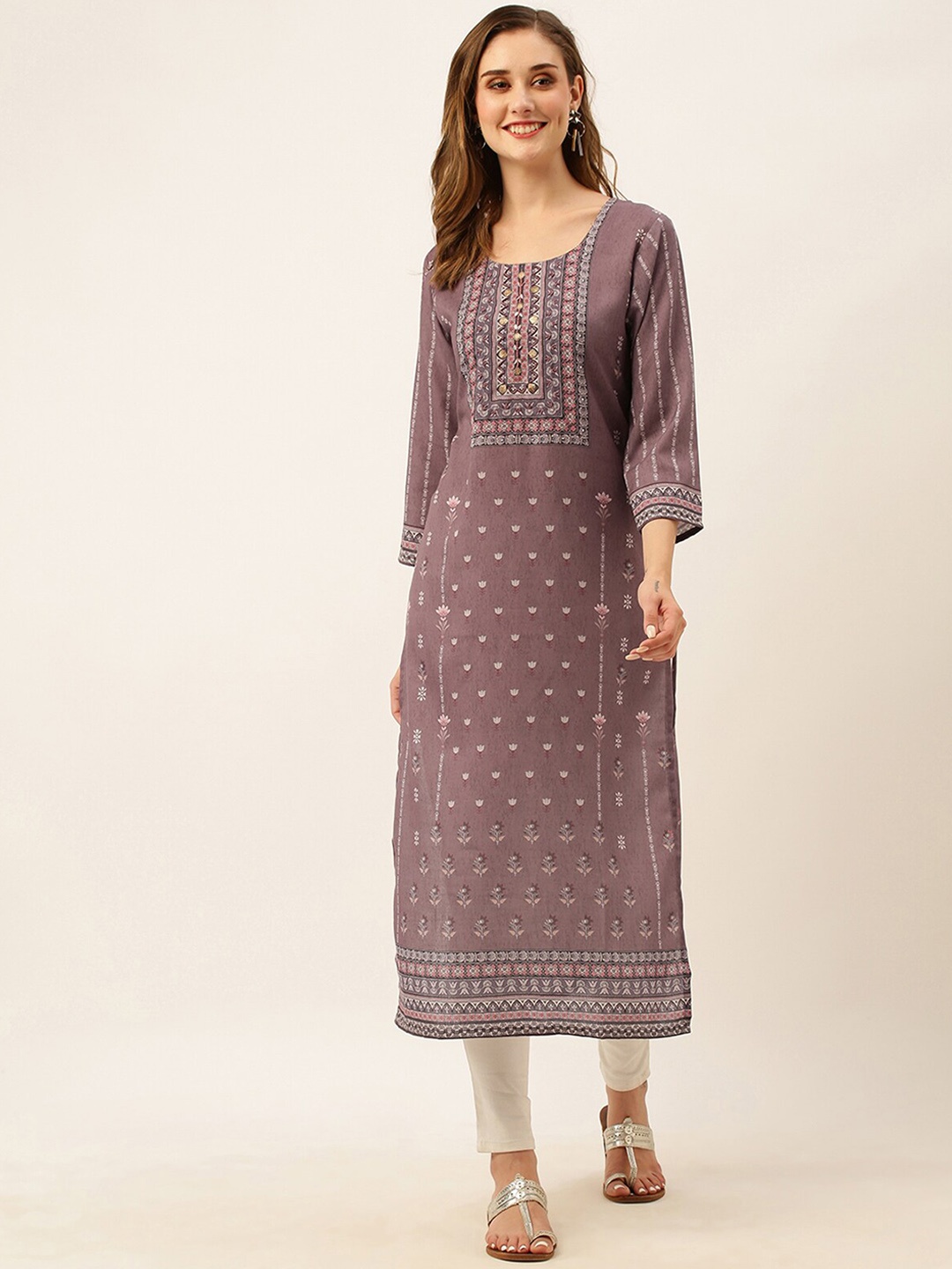 

ODETTE Floral Printed Cotton Straight Kurta, Peach