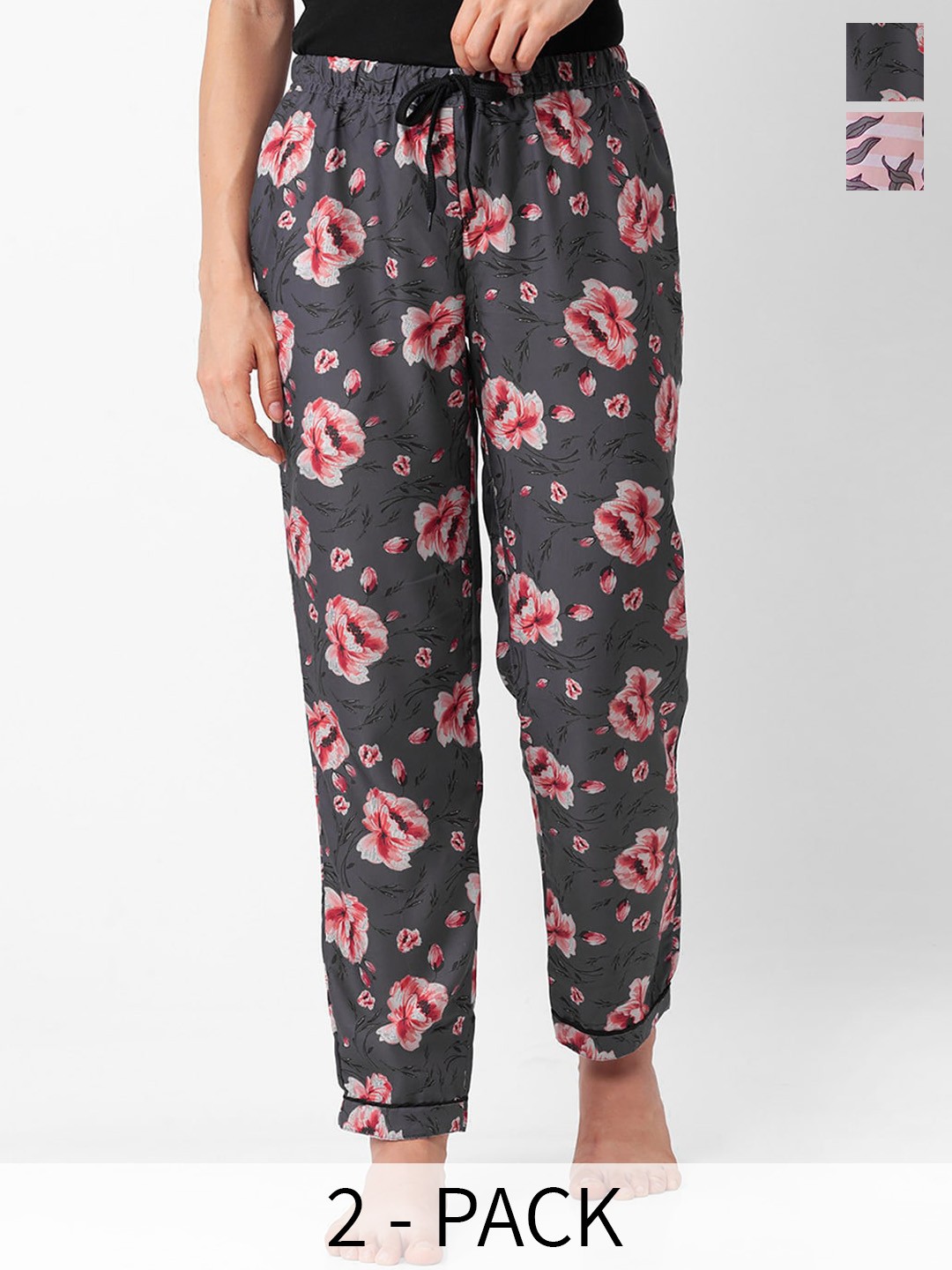 

NOIRA Women Pack of 2 Floral Printed Lounge Pants, Grey