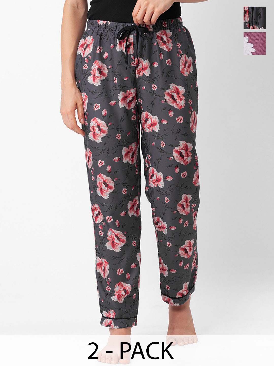 

NOIRA Women Pack of 2 Floral Printed Lounge Pants, Grey