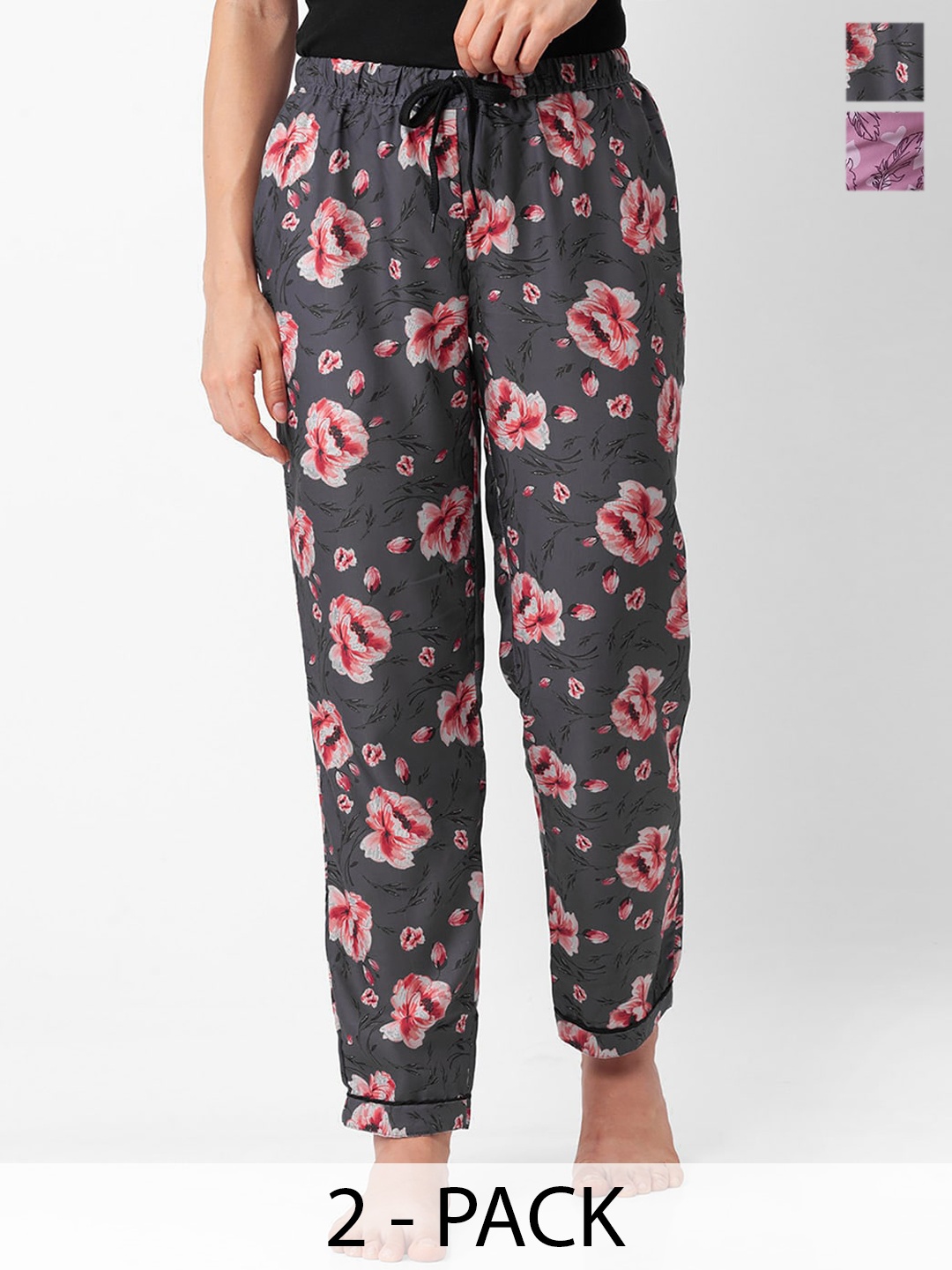 

NOIRA Women Pack of 2 Floral Printed Lounge Pants, Grey