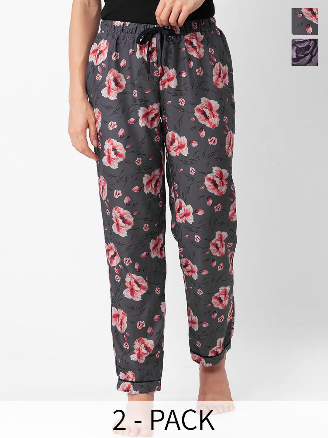 

NOIRA Women Pack of 2 Floral Printed Lounge Pants, Grey