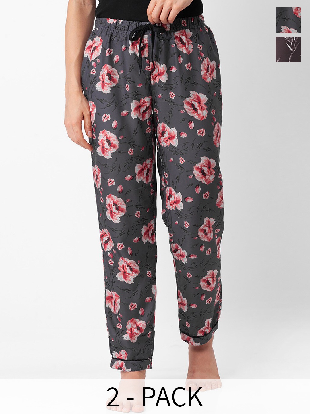 

NOIRA Women Pack of 2 Floral Printed Lounge Pants, Grey