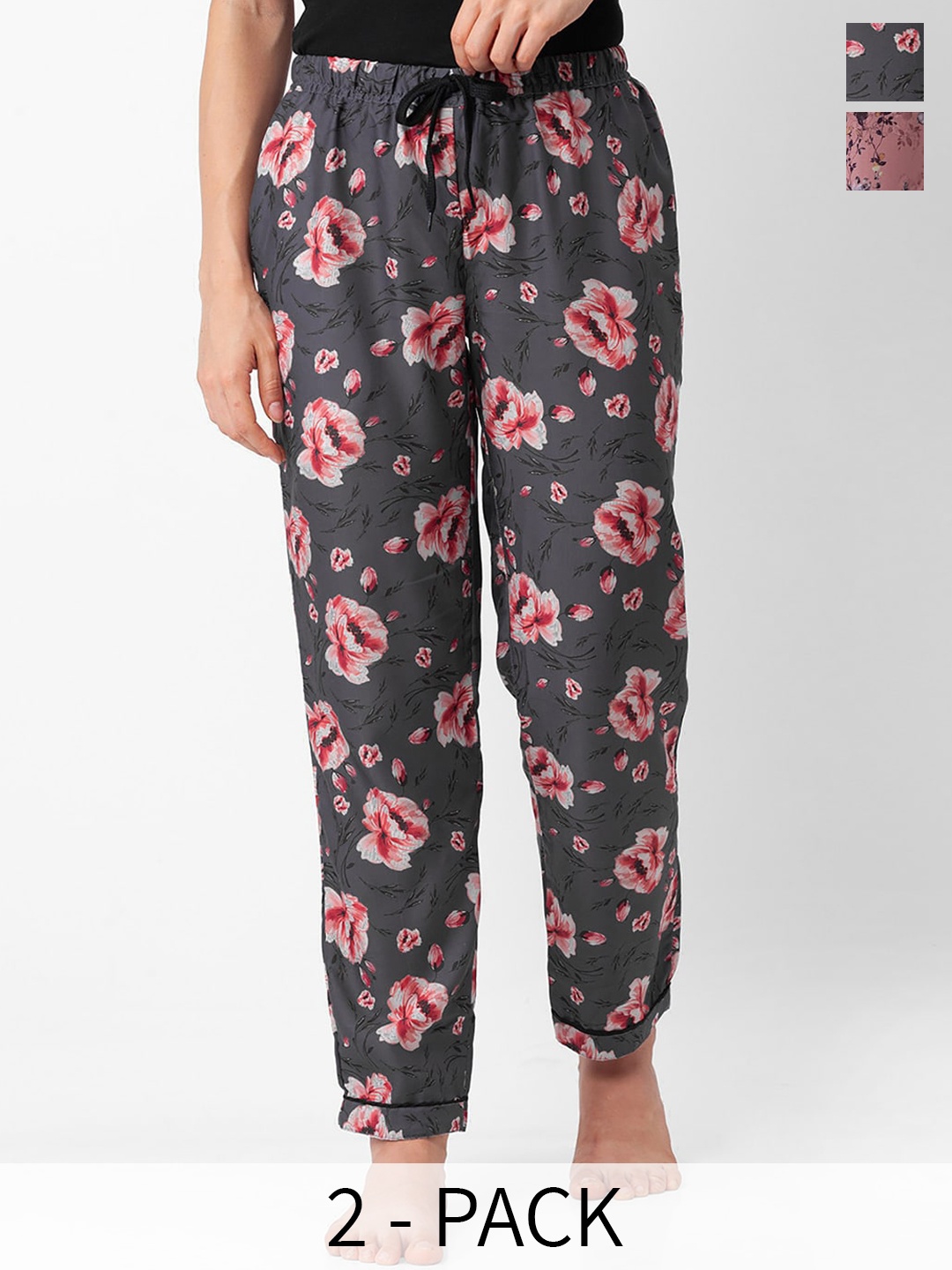 

NOIRA Women Pack of 2 Floral Printed Lounge Pants, Grey