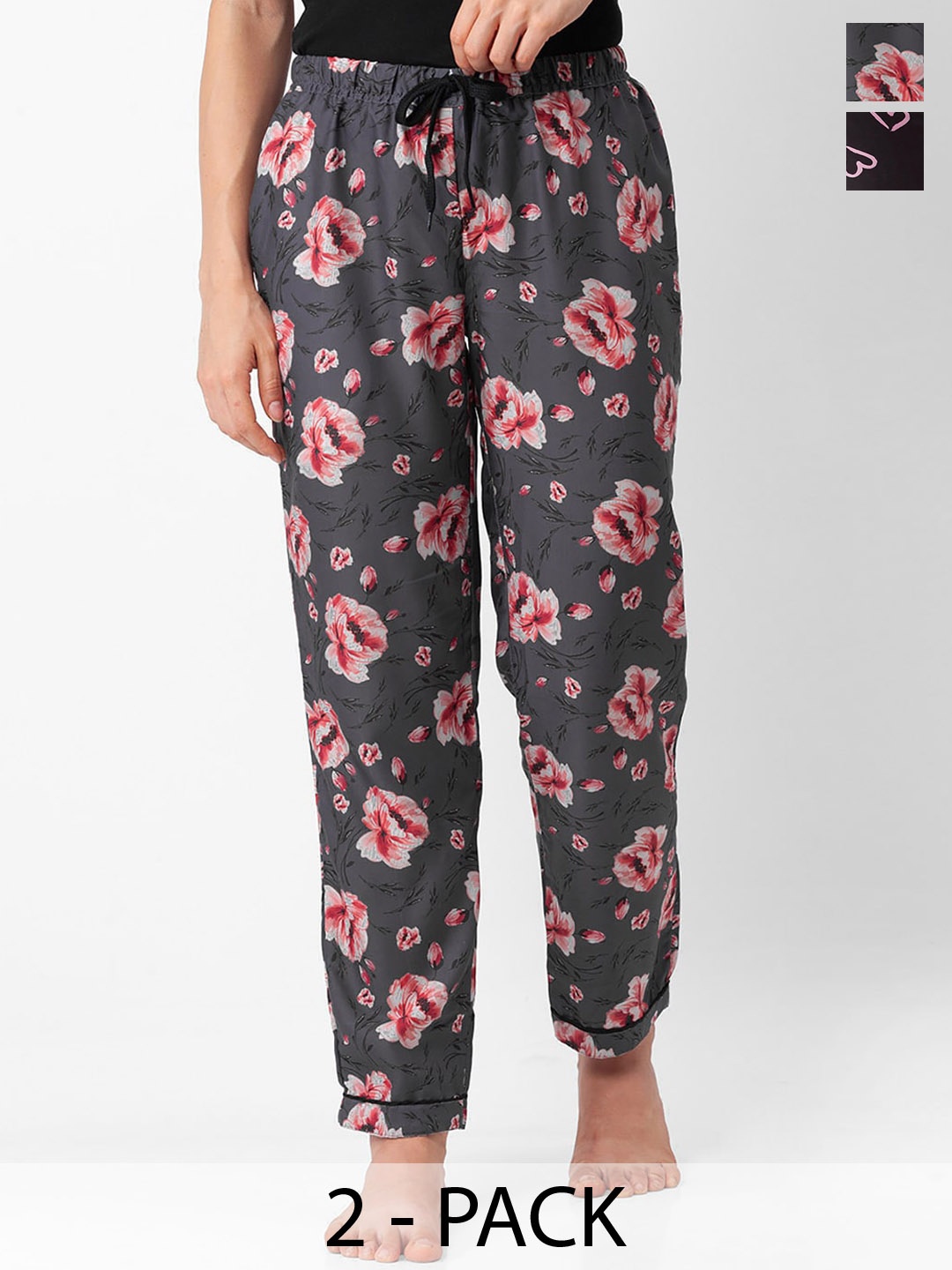 

NOIRA Women Pack of 2 Floral Printed Lounge Pants, Grey