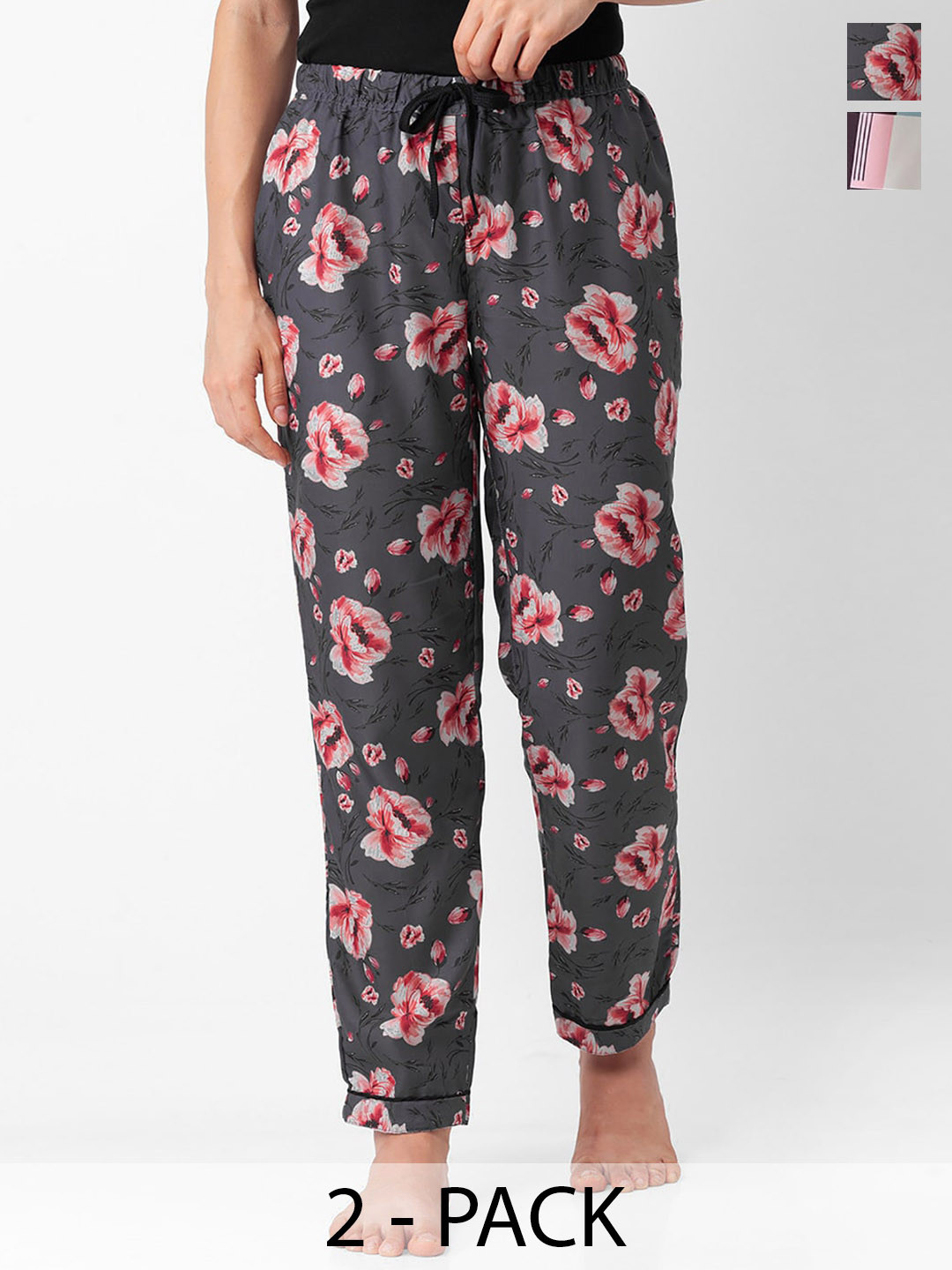

NOIRA Women Pack of 2 Floral Printed Lounge Pants, Grey