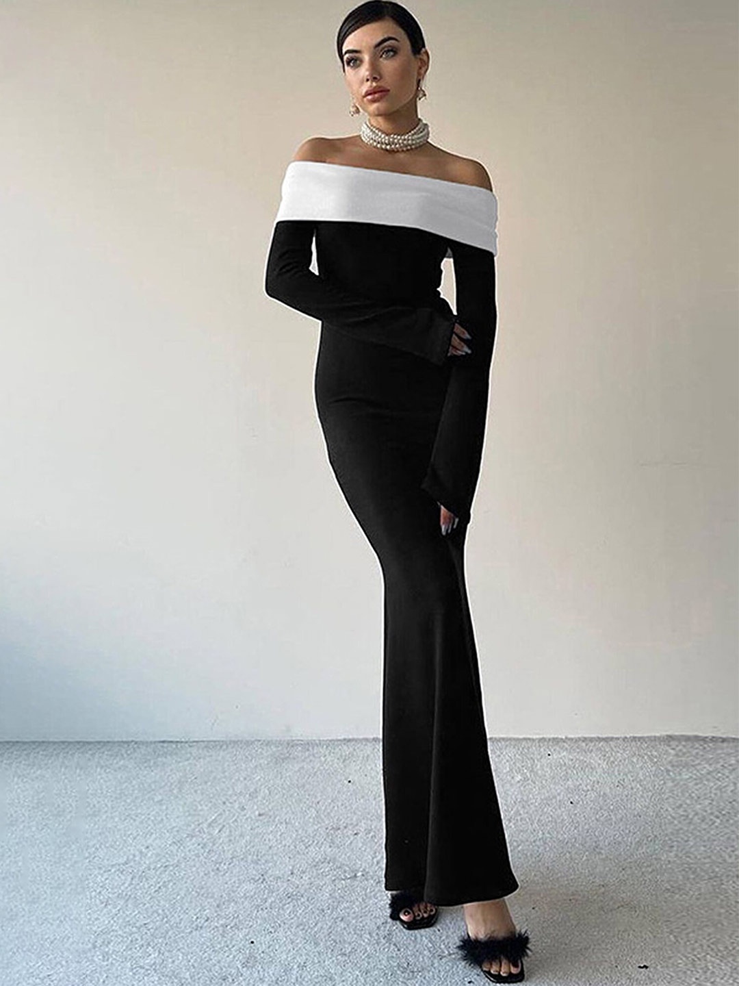 

LULU & SKY Off Shoulder Sheath Maxi Dress, Black