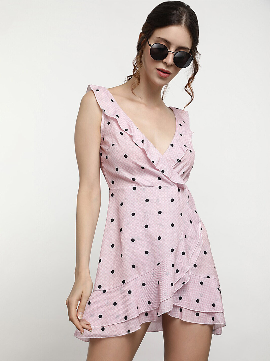 

LULU & SKY Polka Dot Printed V-neck Ruffled A-Line Mini Dress, Pink