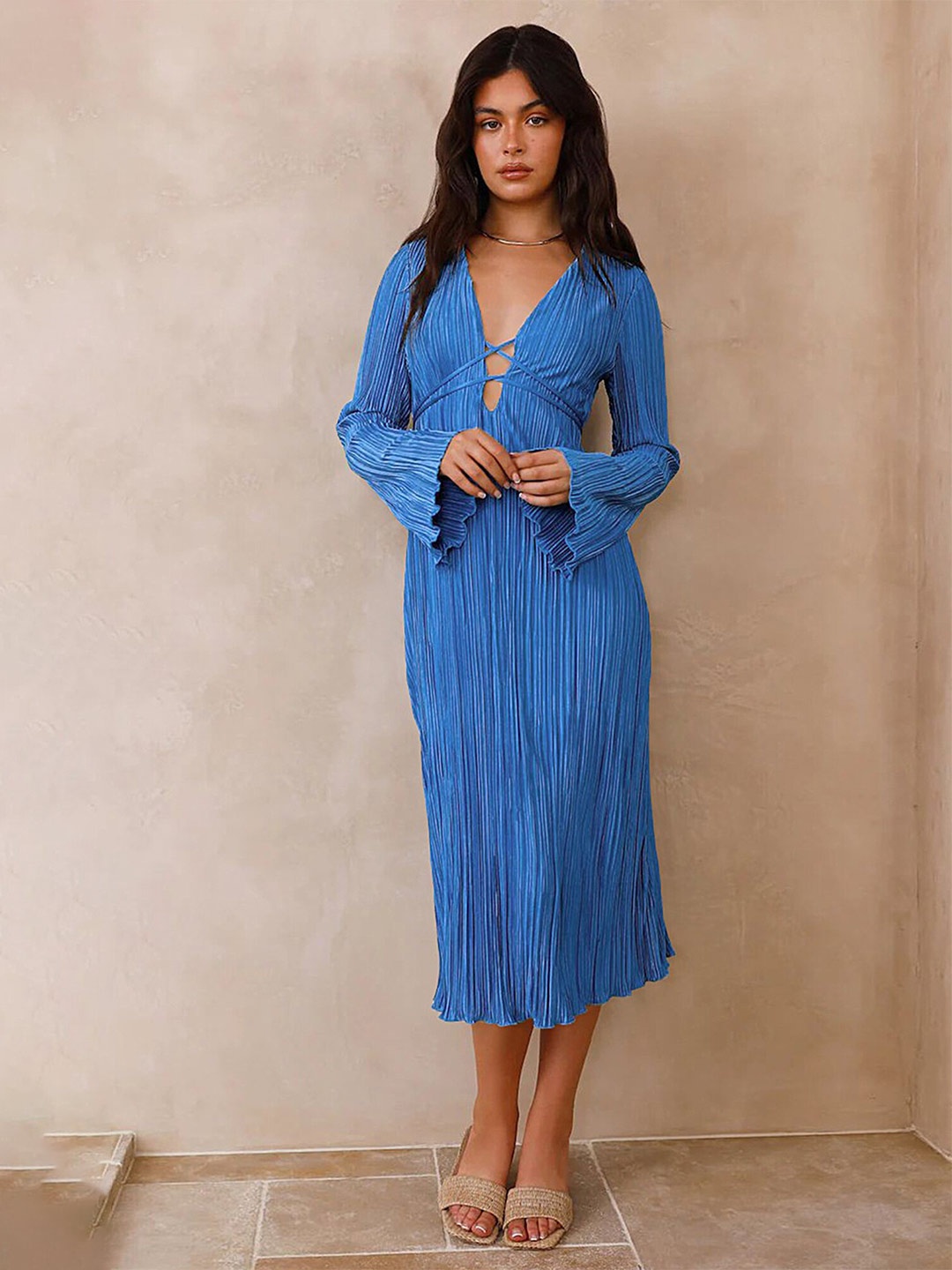 

LULU & SKY Striped Flared Sleeve A-Line Midi Dress, Blue