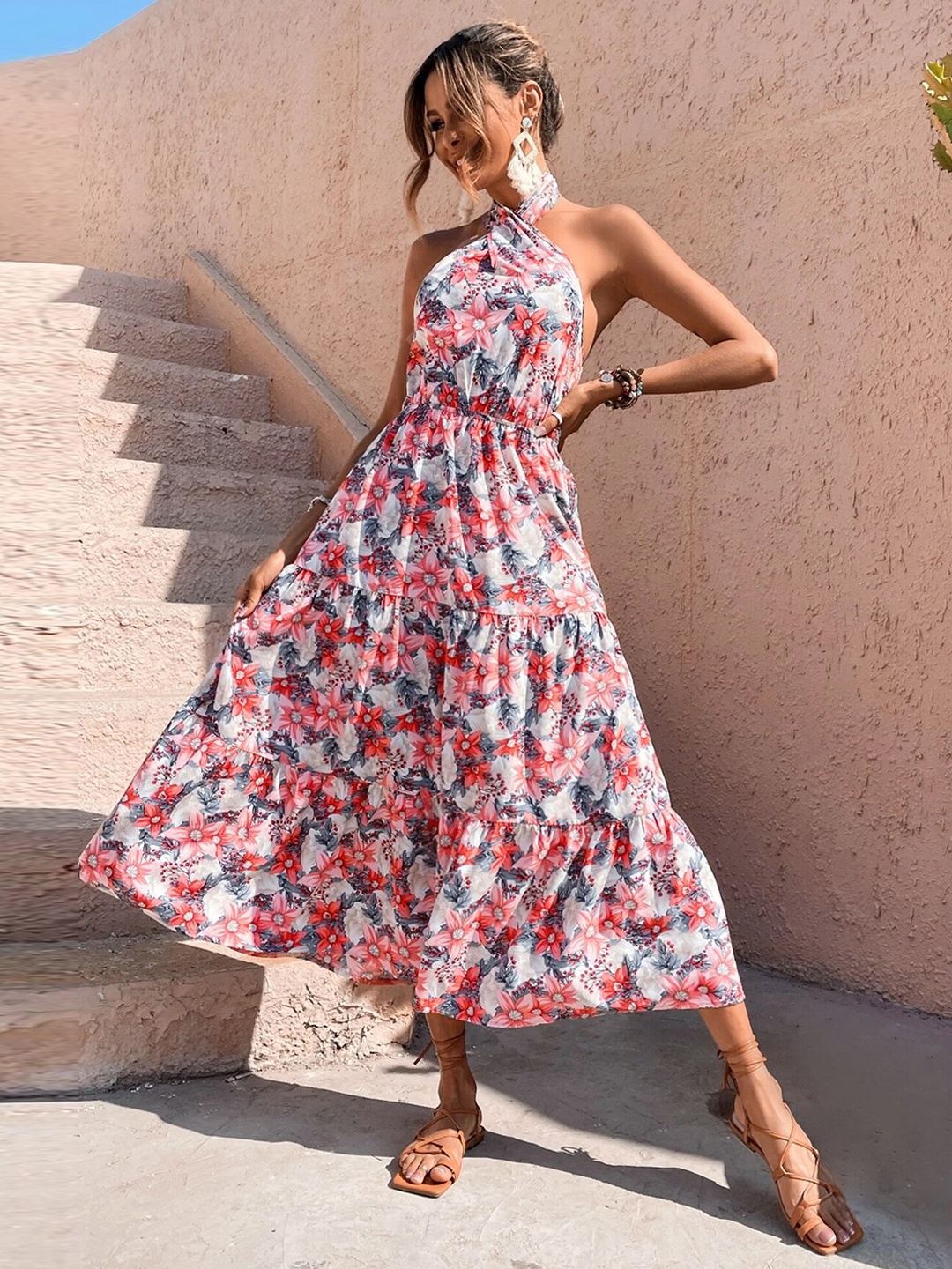 

LULU & SKY Floral Printed Halter Neck Maxi Dress, Off white
