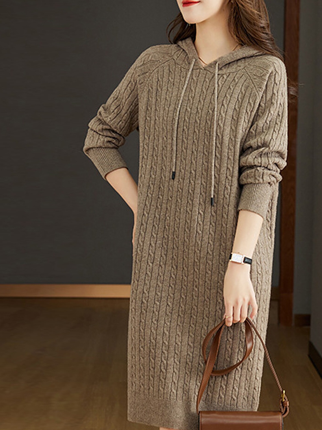 

LULU & SKY Self Design Hooded Sweater Dress, Camel brown