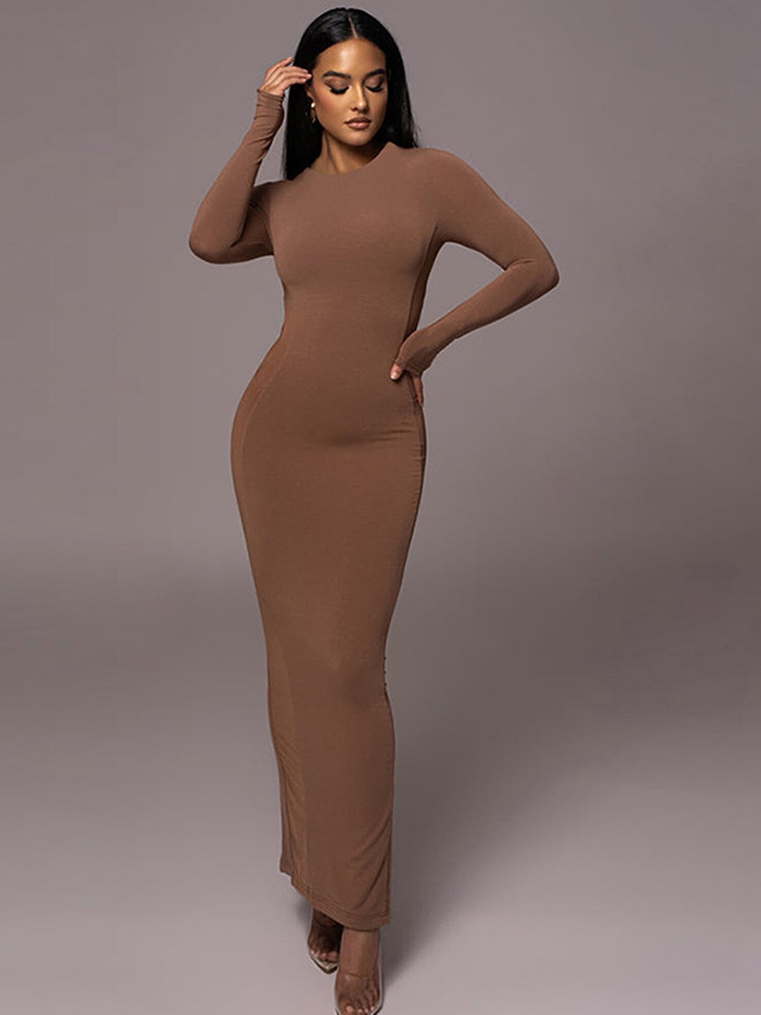 

LULU & SKY Round Neck Cut Outs Bodycon Maxi Dress, Brown