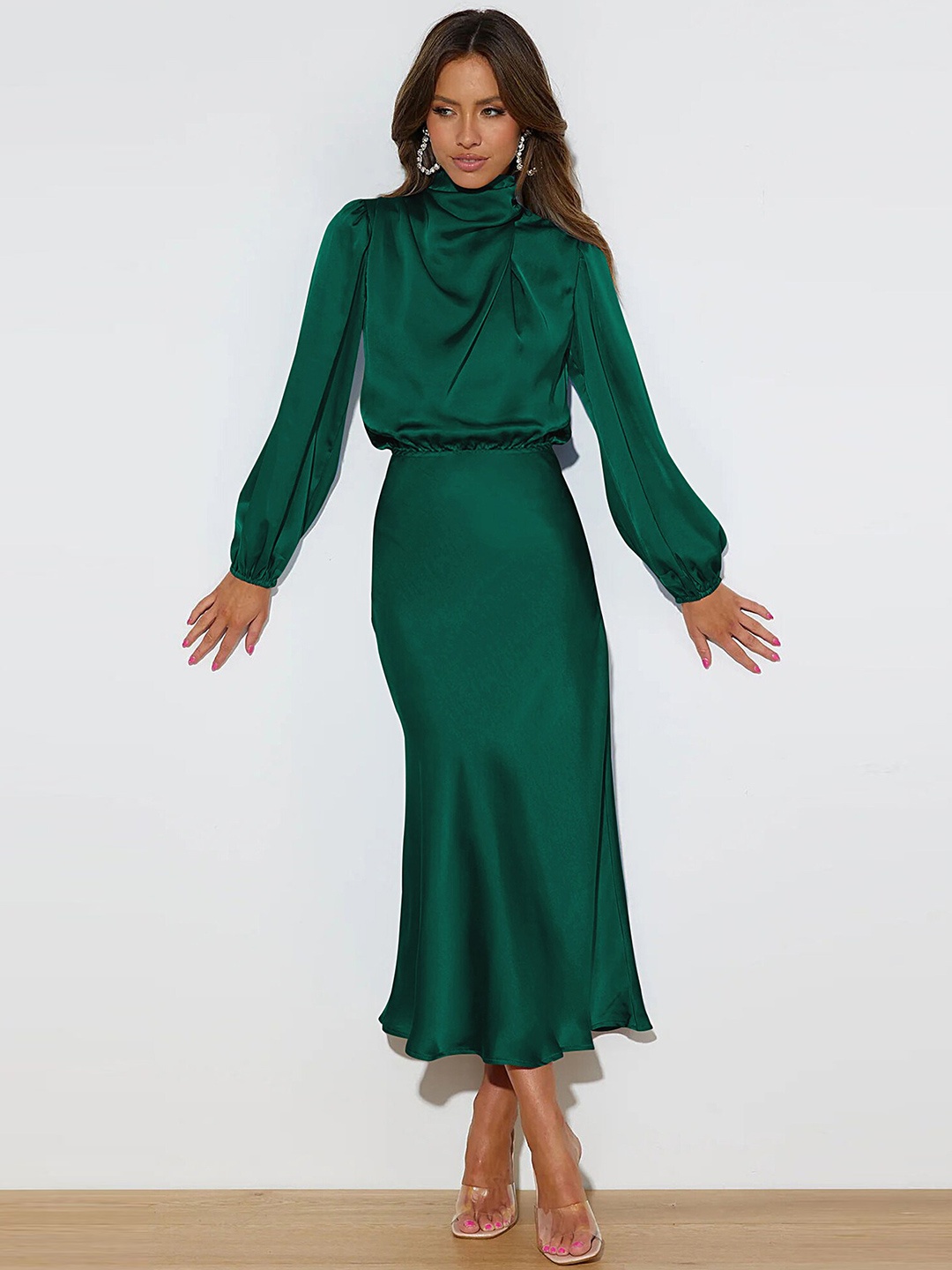 

LULU & SKY High Neck Cuffed Sleeves Fit & Flare Midi Dress, Green