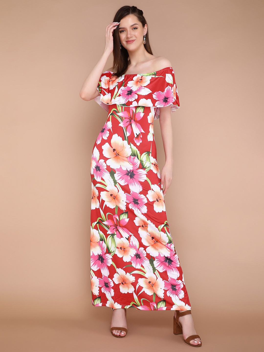 

LULU & SKY Floral Printed Off Shoulder Maxi Dress, Red