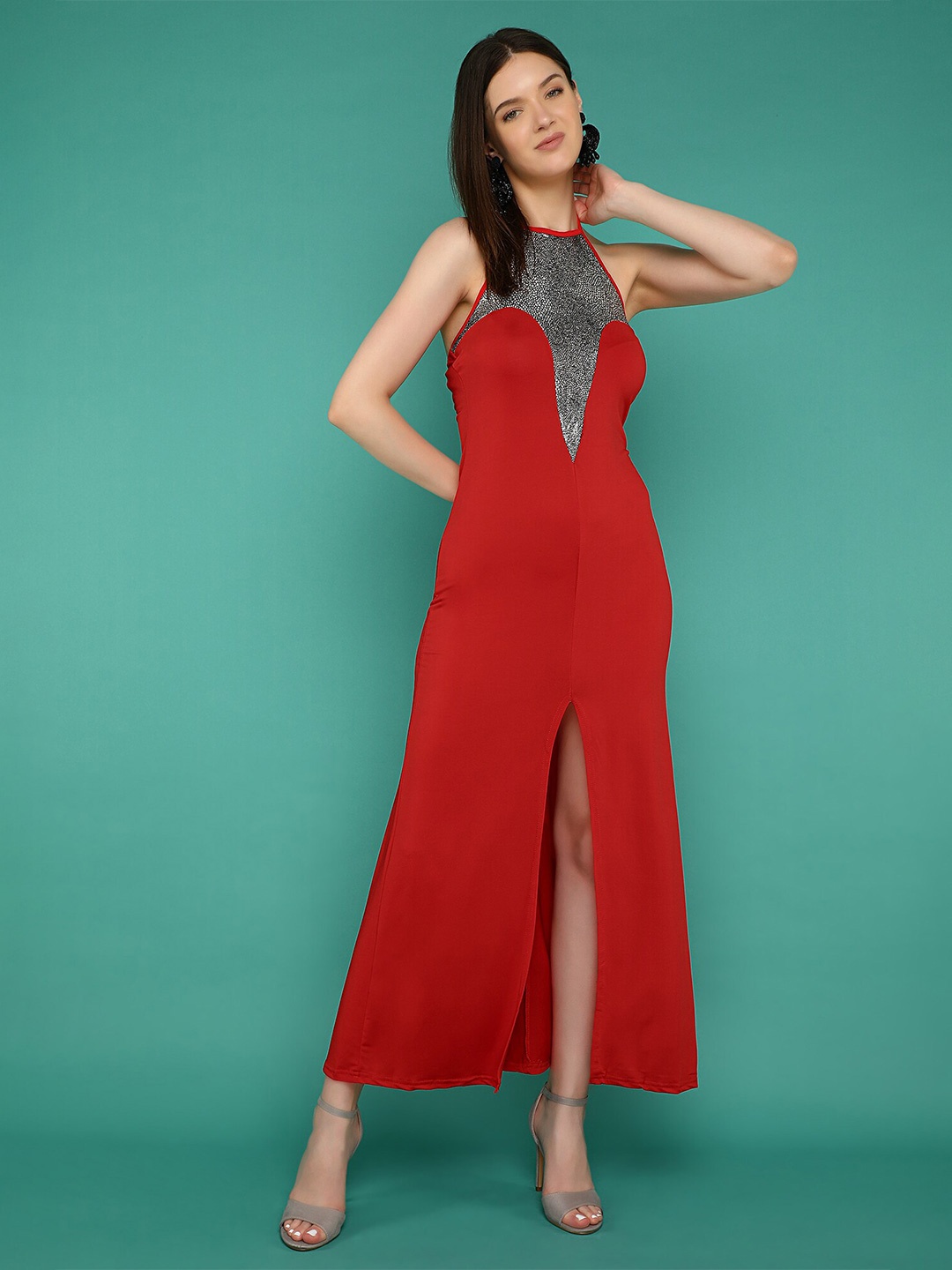 

LULU & SKY Halter Neck Embellished Detail Maxi Dress, Red
