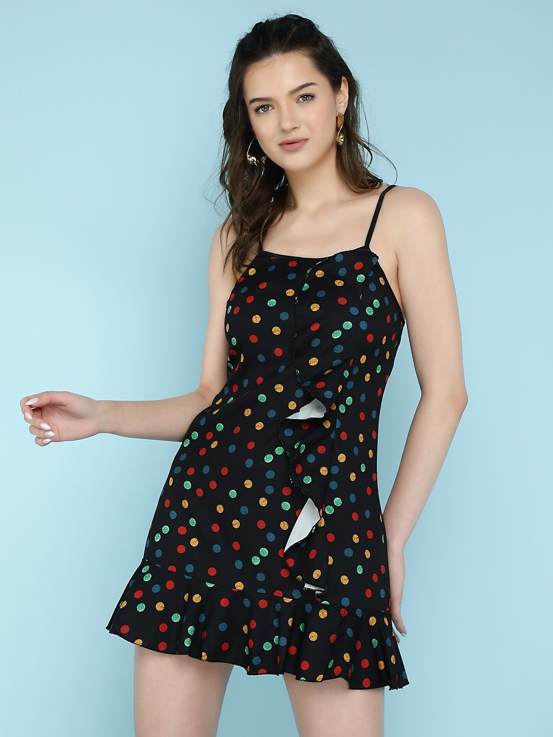 

LULU & SKY Polka Dot Print Shoulder Straps Ruffled Fit & Flare Dress, Black