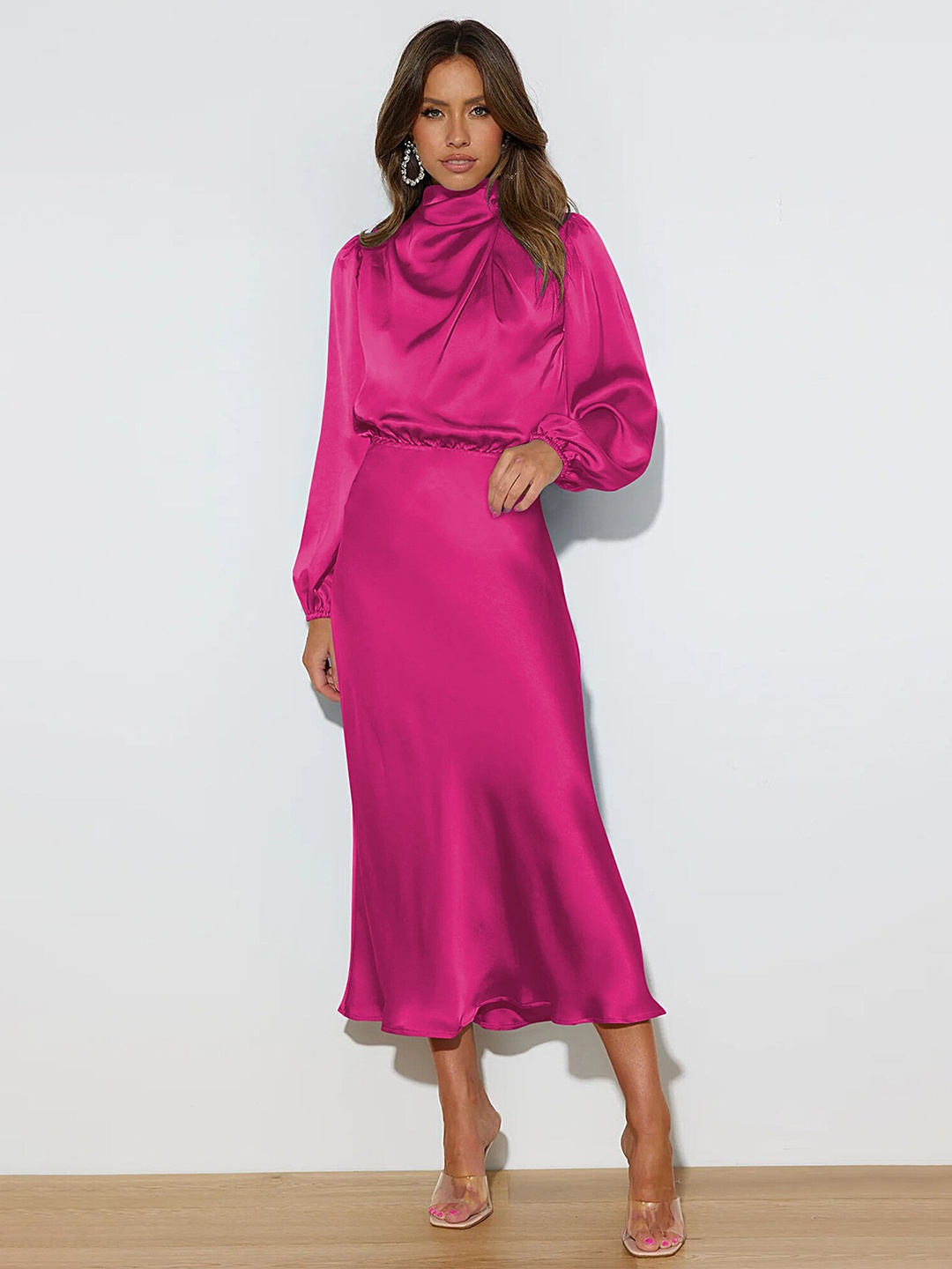 

LULU & SKY Mock Neck Puff Sleeve A-Line Midi Dress, Pink