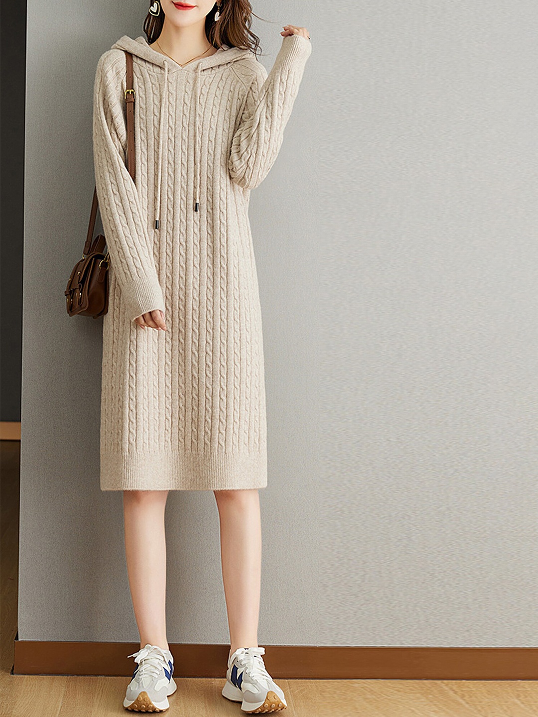 

LULU & SKY Self Design Hooded Sweater Dress, Beige
