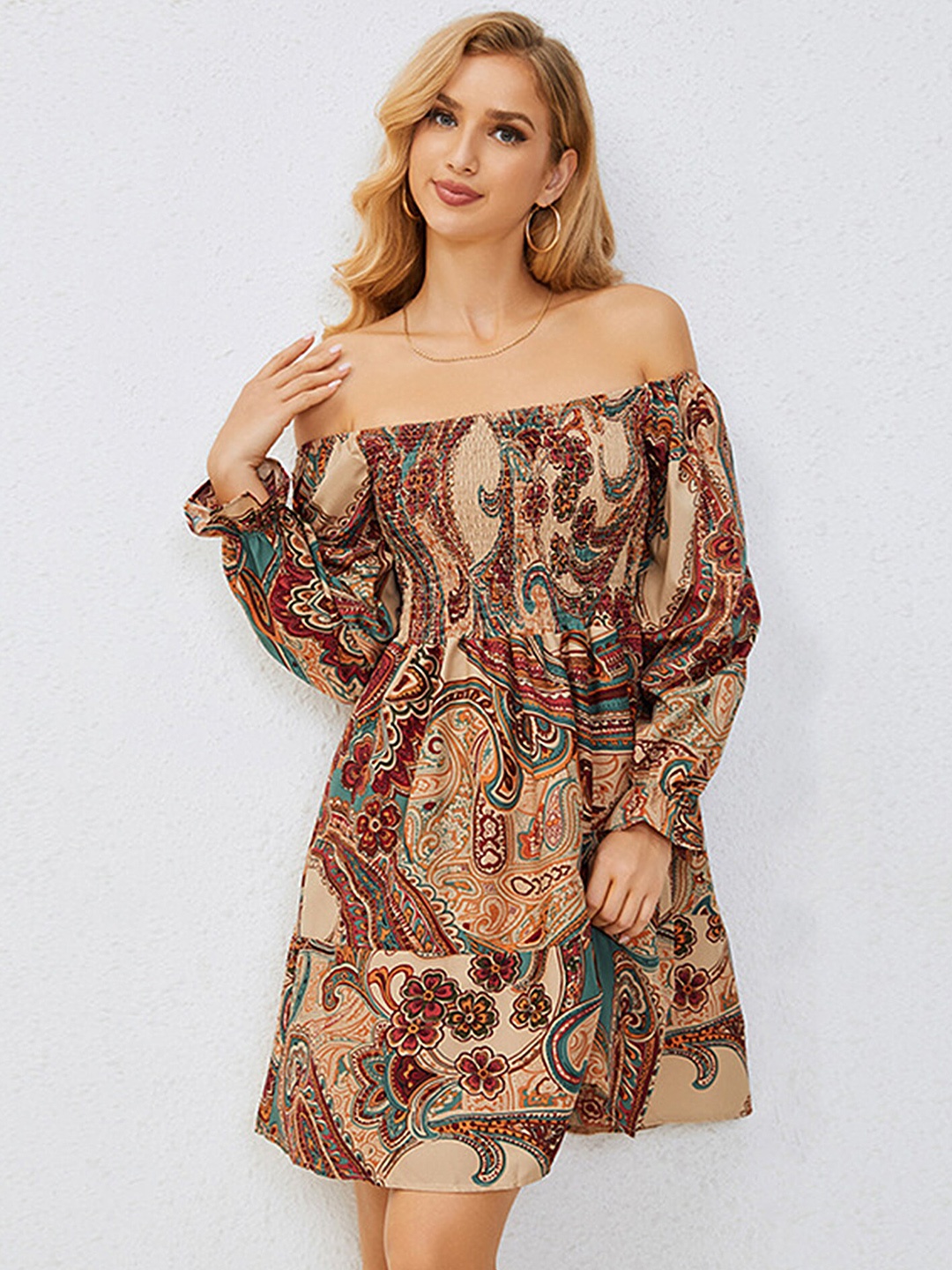 

LULU & SKY Ethnic Motifs Printed Off Shoulder Bell Sleeve Smocked Fit & Flare Dress, Beige