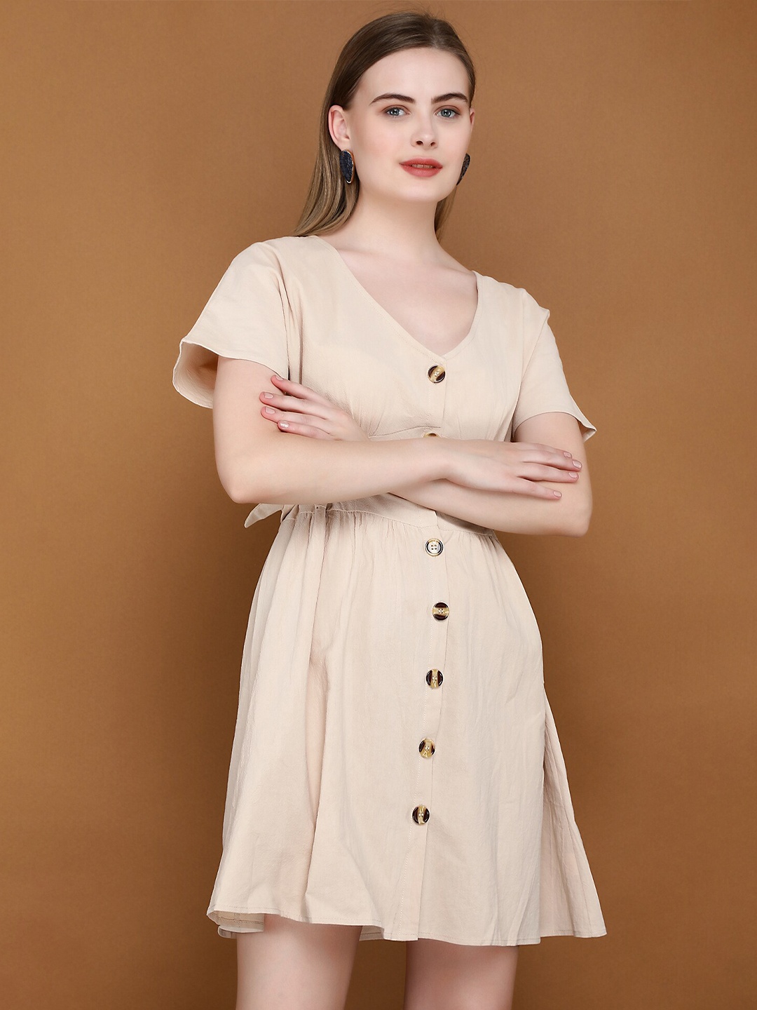 

LULU & SKY V-Neck Short Sleeves A-Line Dress, Beige