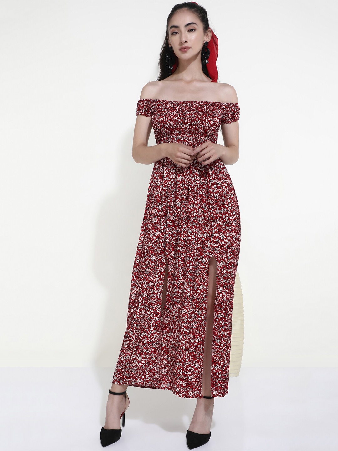 

LULU & SKY Floral Printed Off-Shoulder Maxi Dress, Red