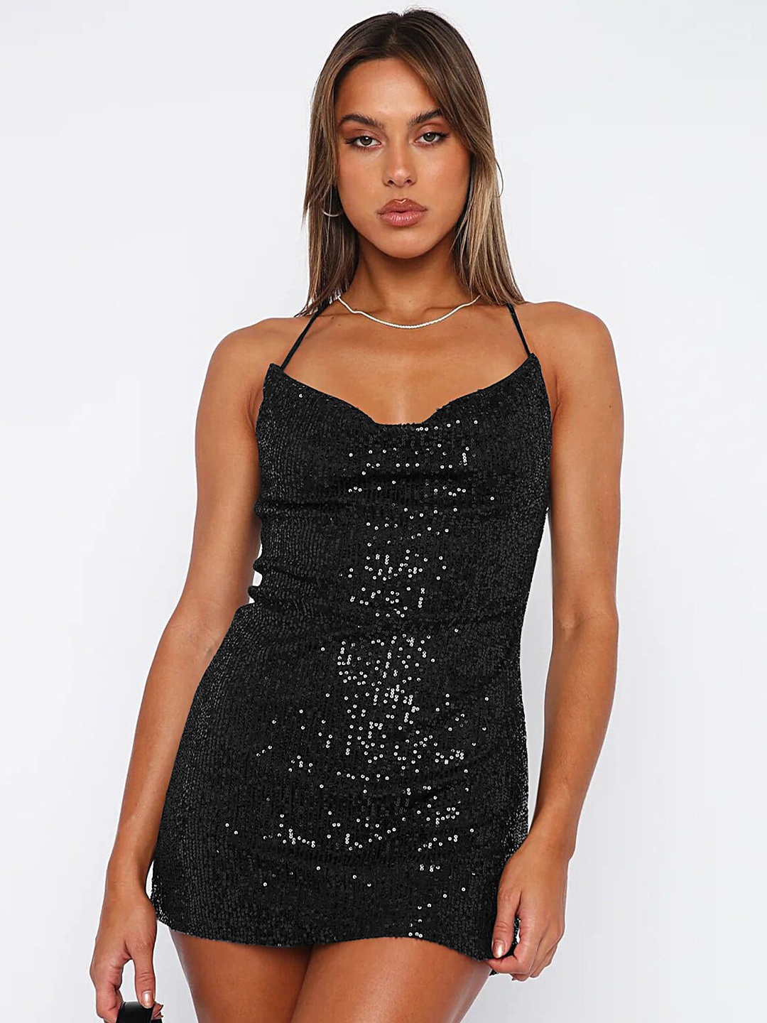 

LULU & SKY Sequin Embellished Halter Neck A-Line Mini Dress, Black