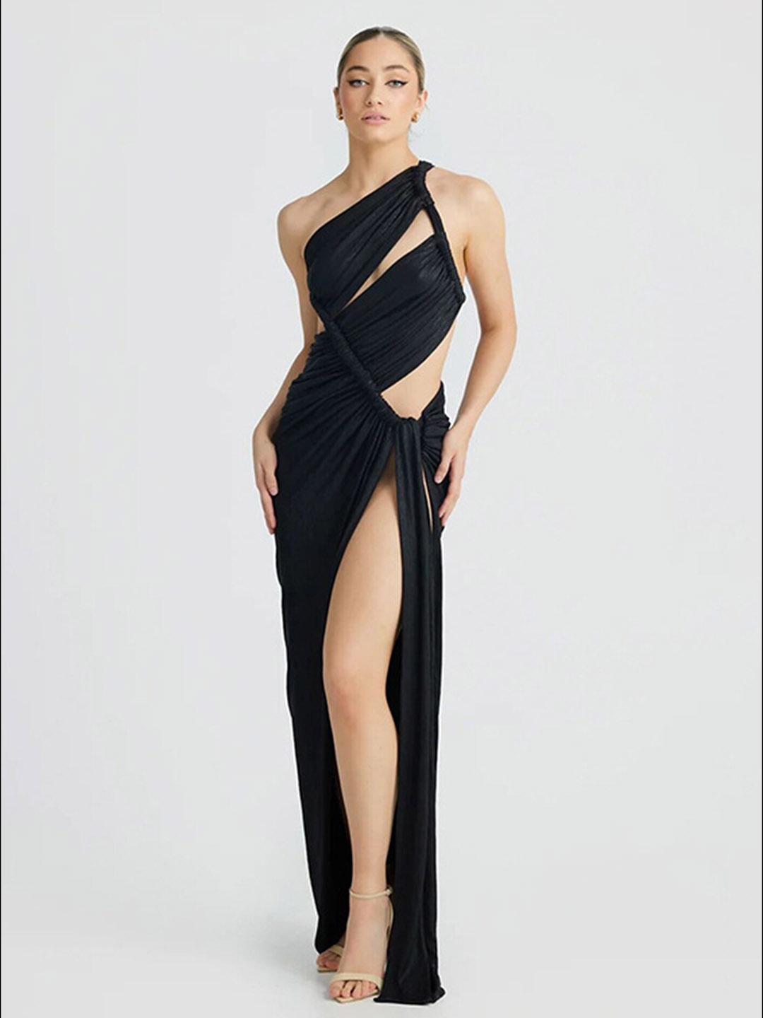 

LULU & SKY High Slit Cut-Out Detail One Shoulder Sheath Dress, Black