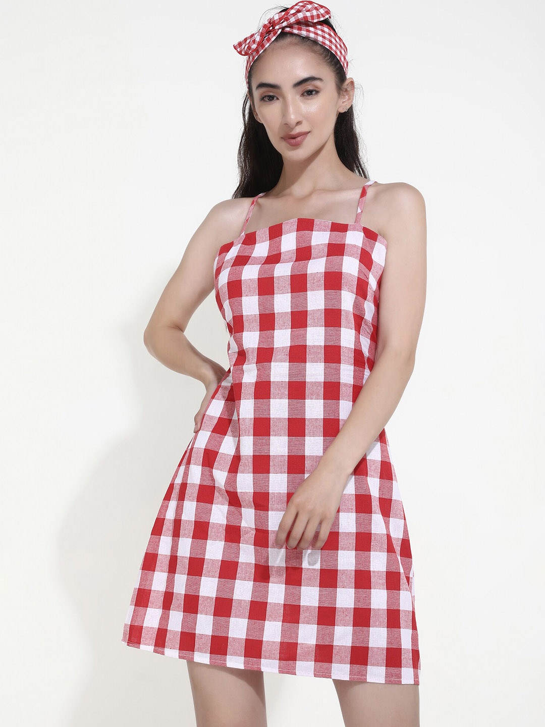 

LULU & SKY Checked Shoulder Straps A-Line Dress, Red