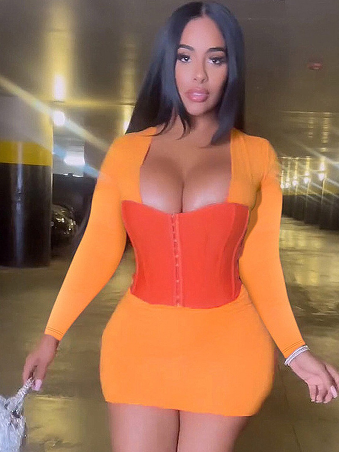

LULU & SKY Colourblocked Sweetheart Neck Long Sleeves Bodycon Dress, Orange