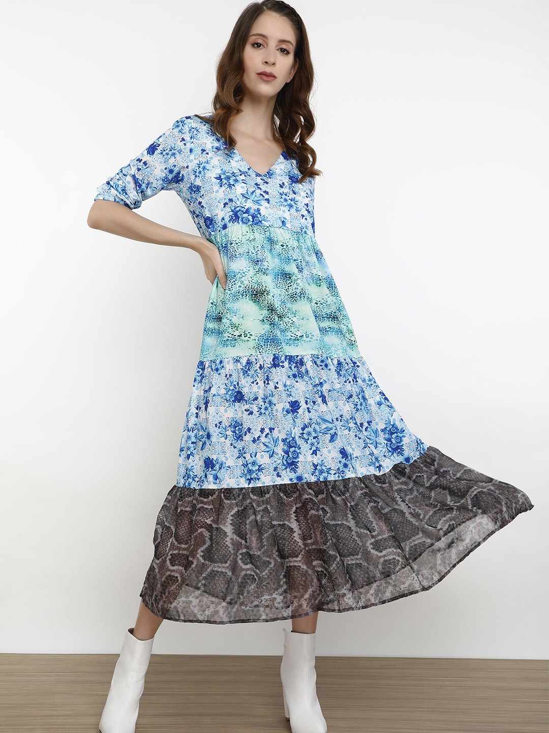 

LULU & SKY Floral Printed Tiered A-Line Midi Dress, Blue