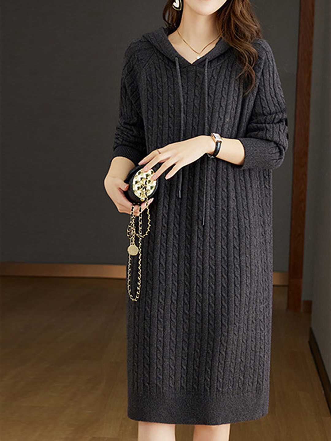 

LULU & SKY Self Design Hooded A-Line Dress, Charcoal