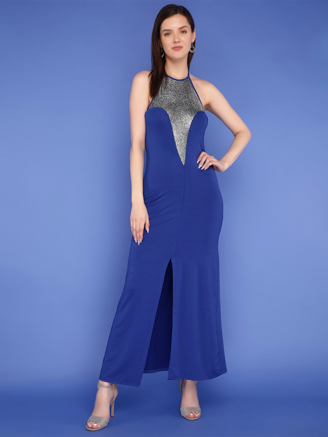 

LULU & SKY Halter Neck Embellished Maxi Dress, Blue