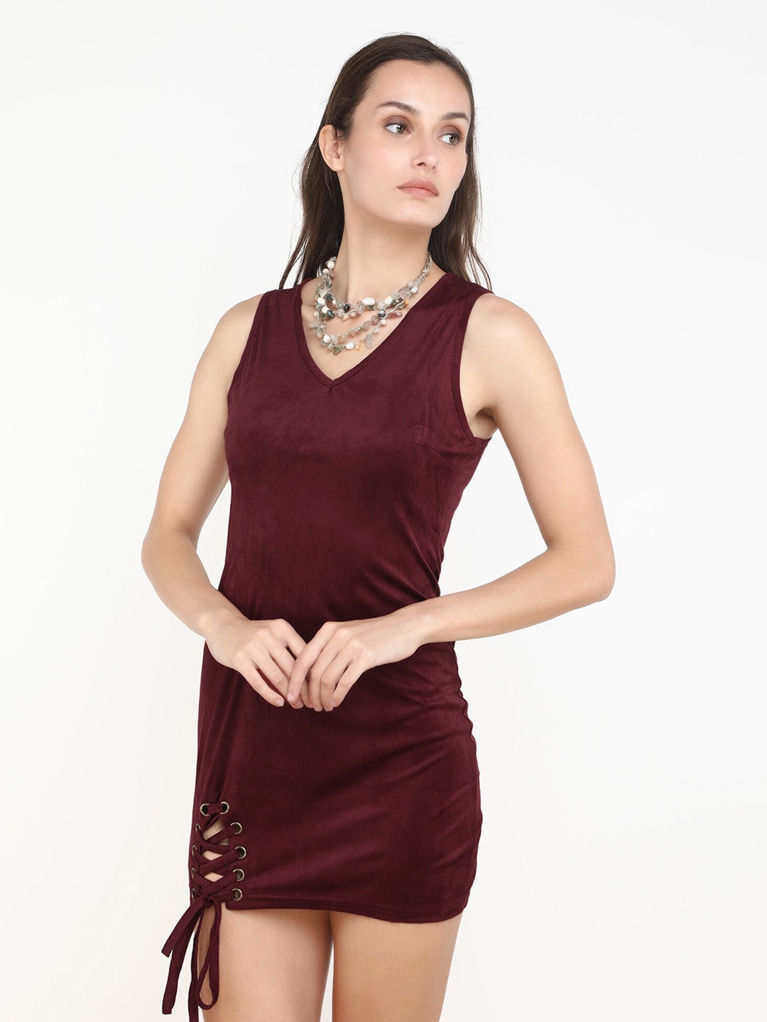 

LULU & SKY V-Neck Sleeveless Bodycon Mini Dress, Burgundy
