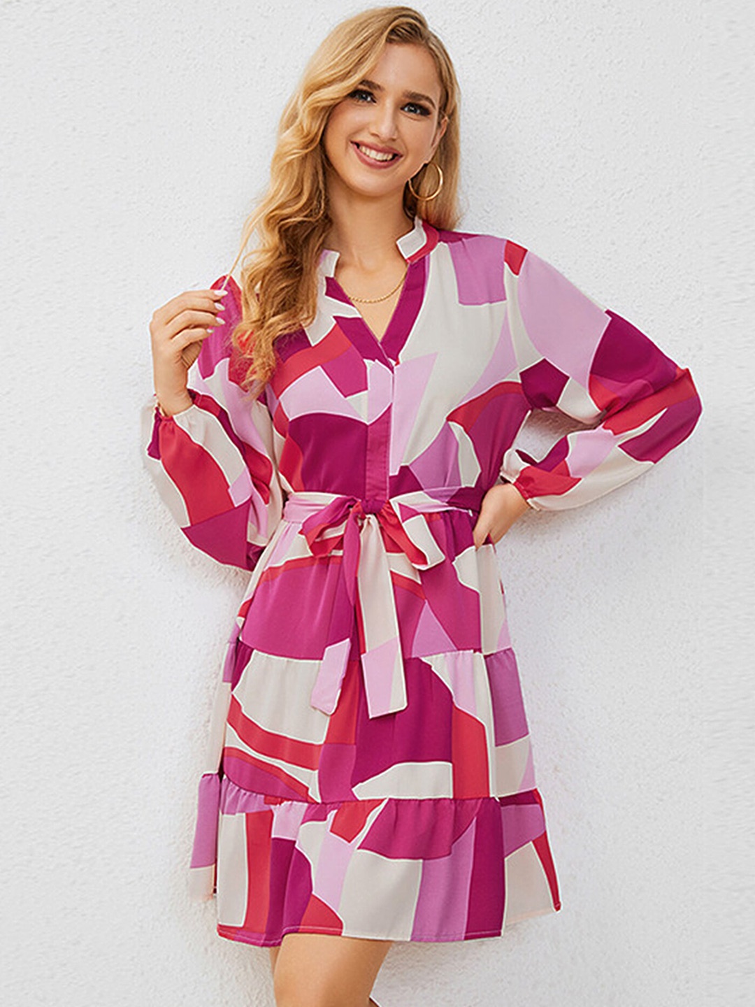 

LULU & SKY Geometric Printed Mandarin Collar Tie-Ups & Tiered Detail Shirt Dress, Pink