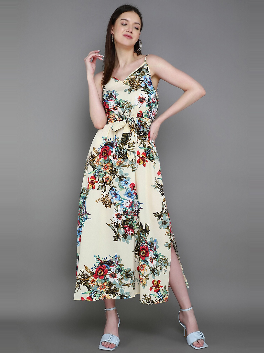 

LULU & SKY Floral Printed Shoulder Straps Maxi Dress, Cream