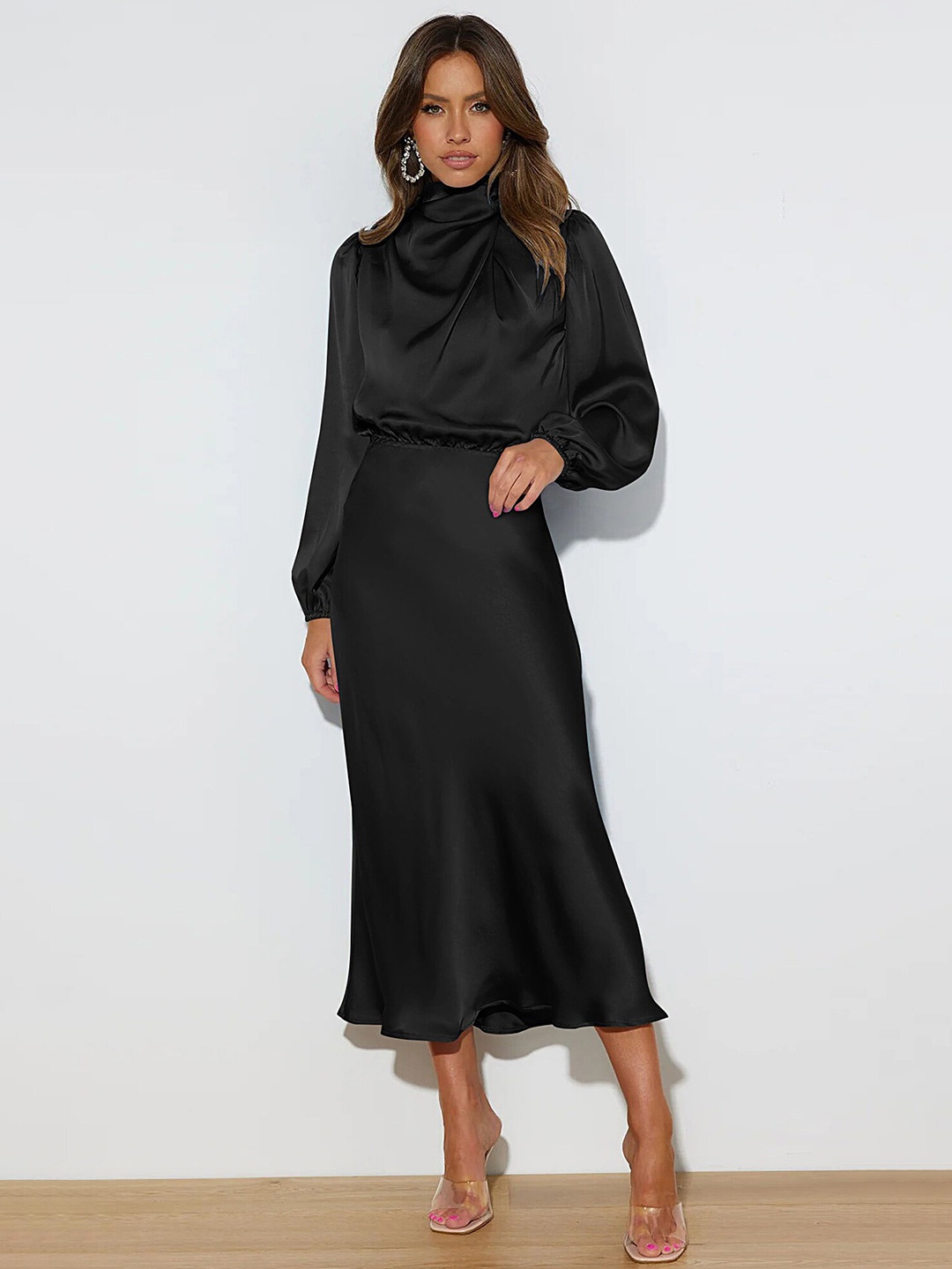 

LULU & SKY High Neck Puff Sleeve Sheath Midi Dress, Black