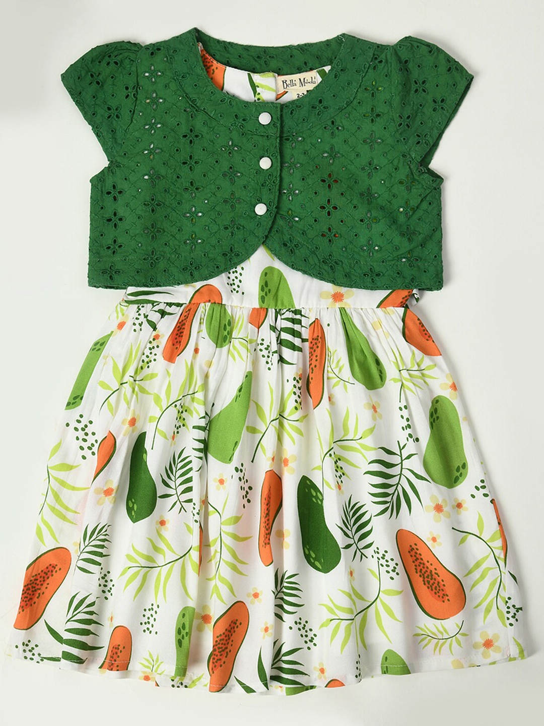 

Bella Moda Girls Floral Printed Cap Sleeves Fit & Flare Pure Cotton Dress, Green