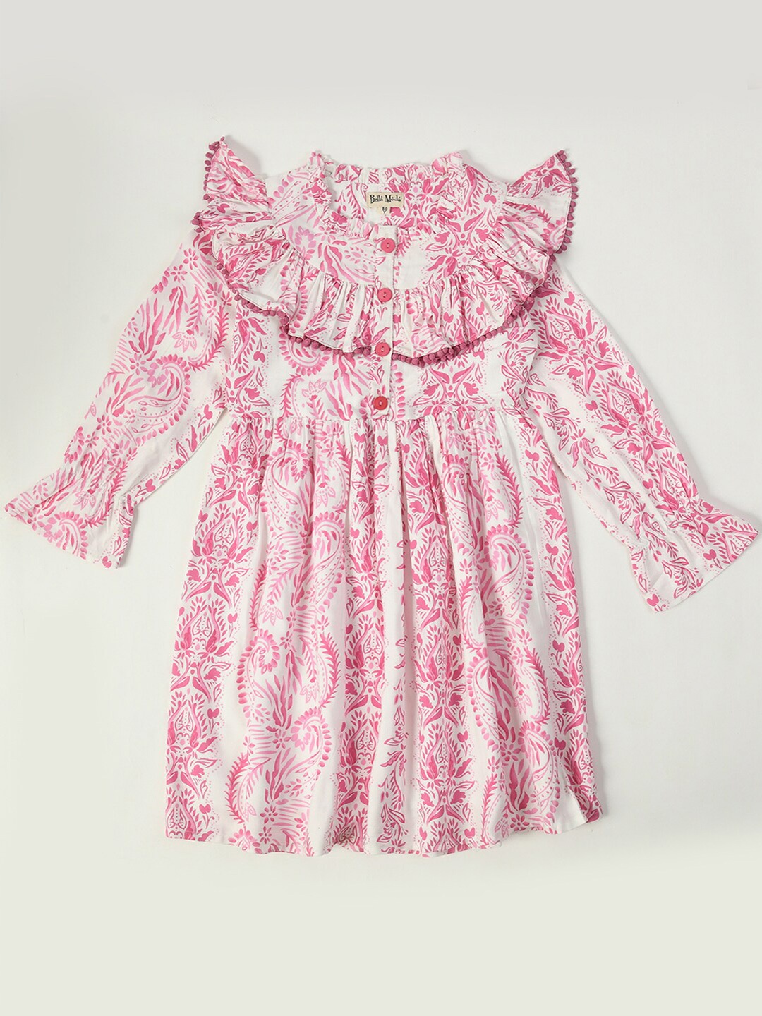 

Bella Moda Girls Floral Printed Gathered Detailed Pure Cotton Fit & Flare Dress, Pink