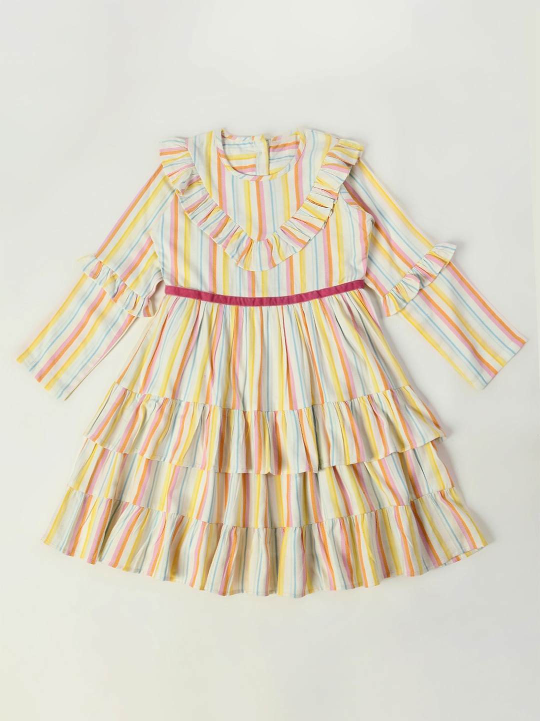 

Bella Moda Girls Striped Gathered Detailed Pure Cotton Fit & Flare Dress, White