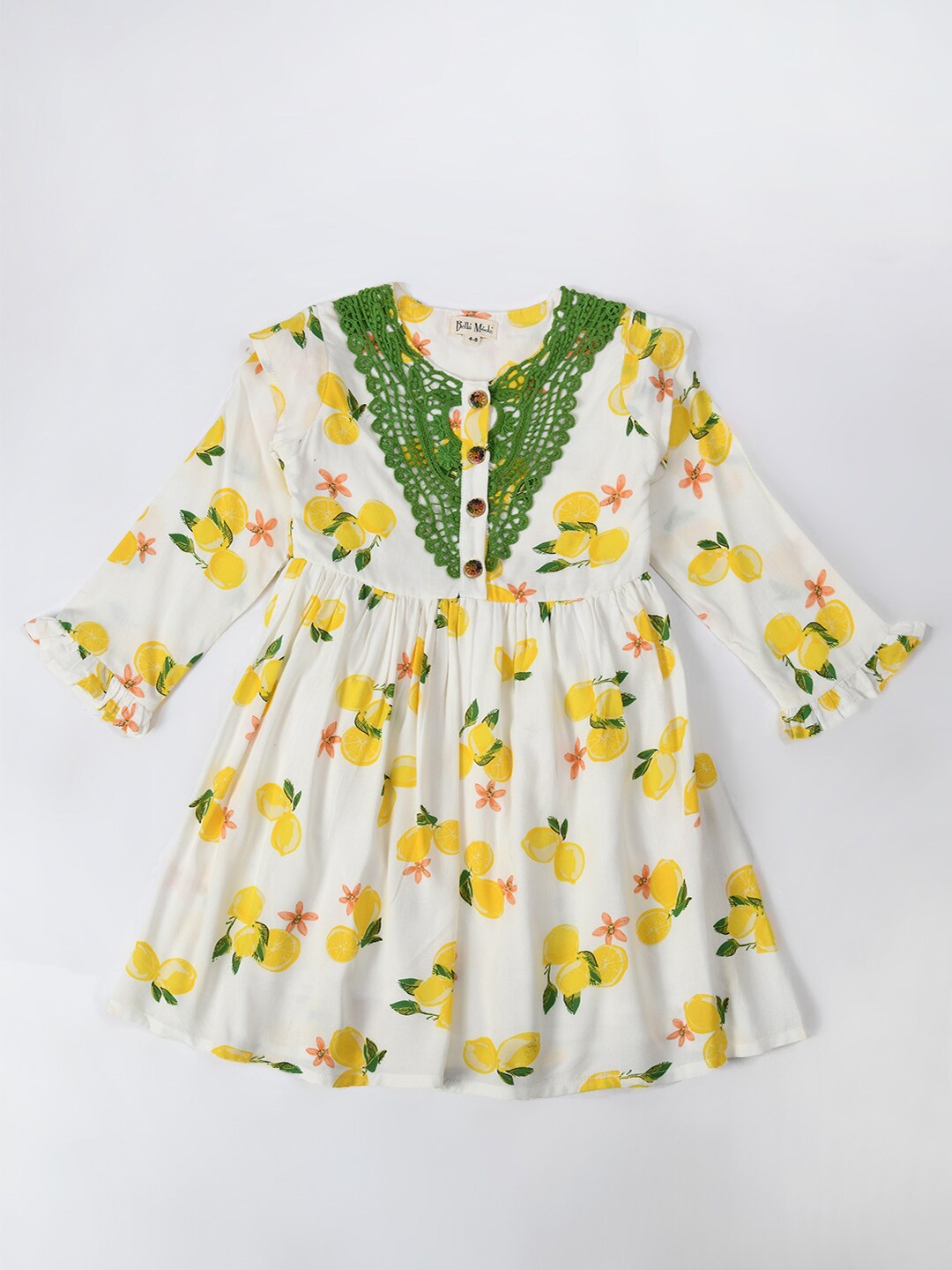 

Bella Moda Girls Floral Printed Lace Detail Pure Cotton Fit & Flare Dress, White