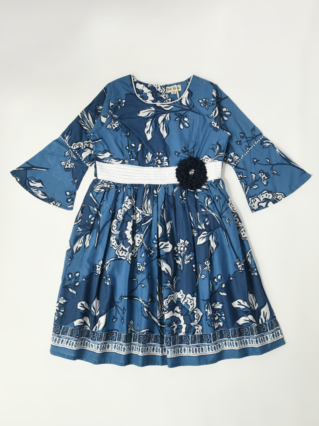 

Bella Moda Girls Floral Printed Bell Sleeves Pure Cotton Fit & Flare Dress, Blue