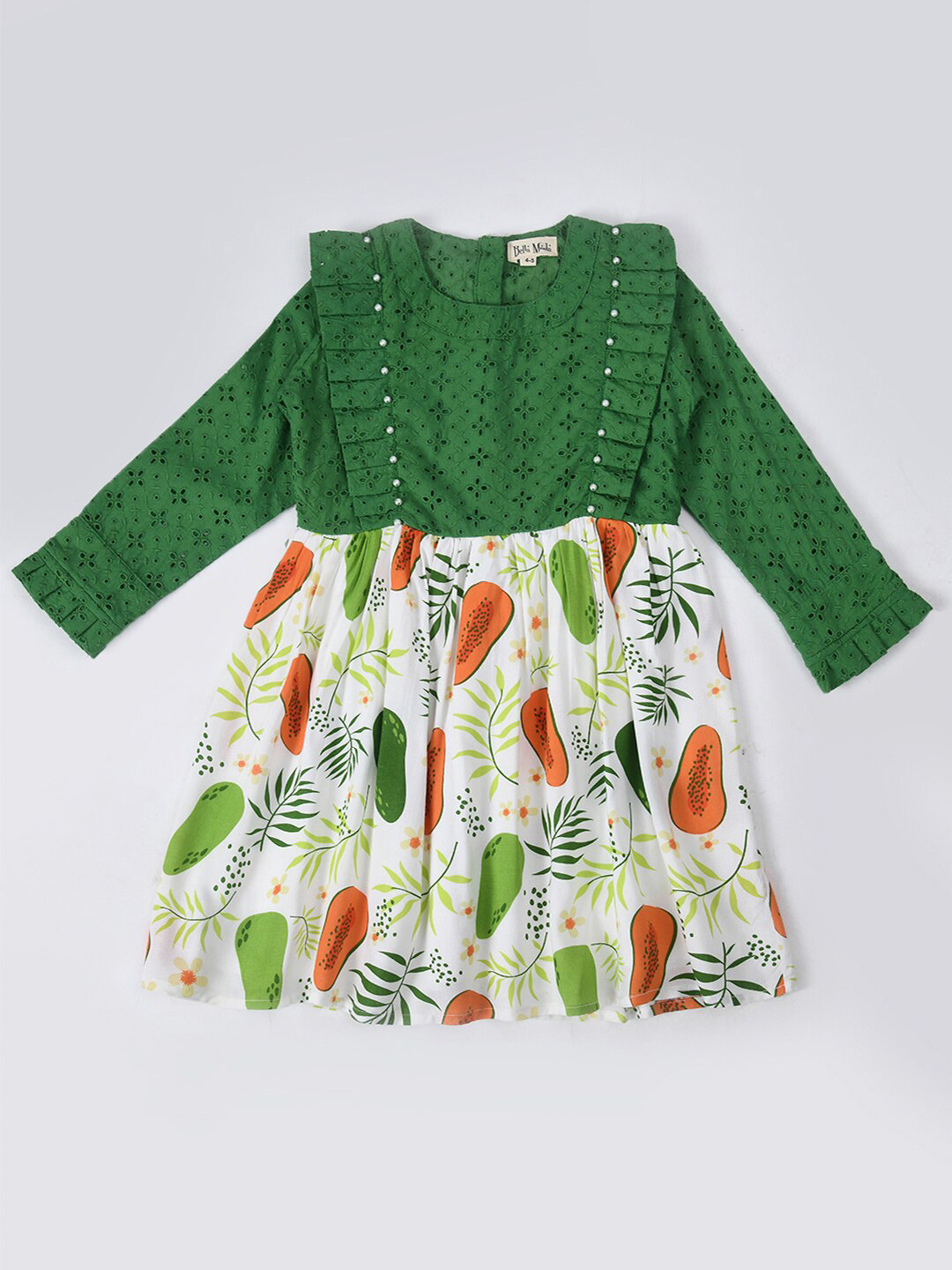 

Bella Moda Girls Floral Printed Ruffled Pure Cotton Fit & Flare Dress, Green