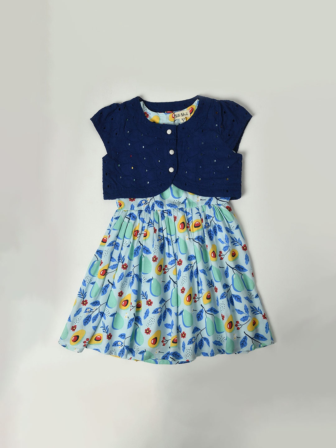 

Bella Moda Girls Floral Printed Cap Sleeves Pure Cotton Fit & Flare Dress, Blue