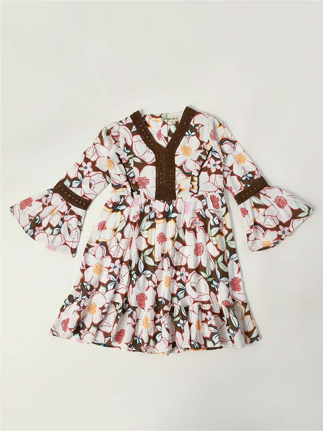 

Bella Moda Girls Floral Printed Bell Sleeves Lace Detail Pure Cotton Fit & Flare Dress, White