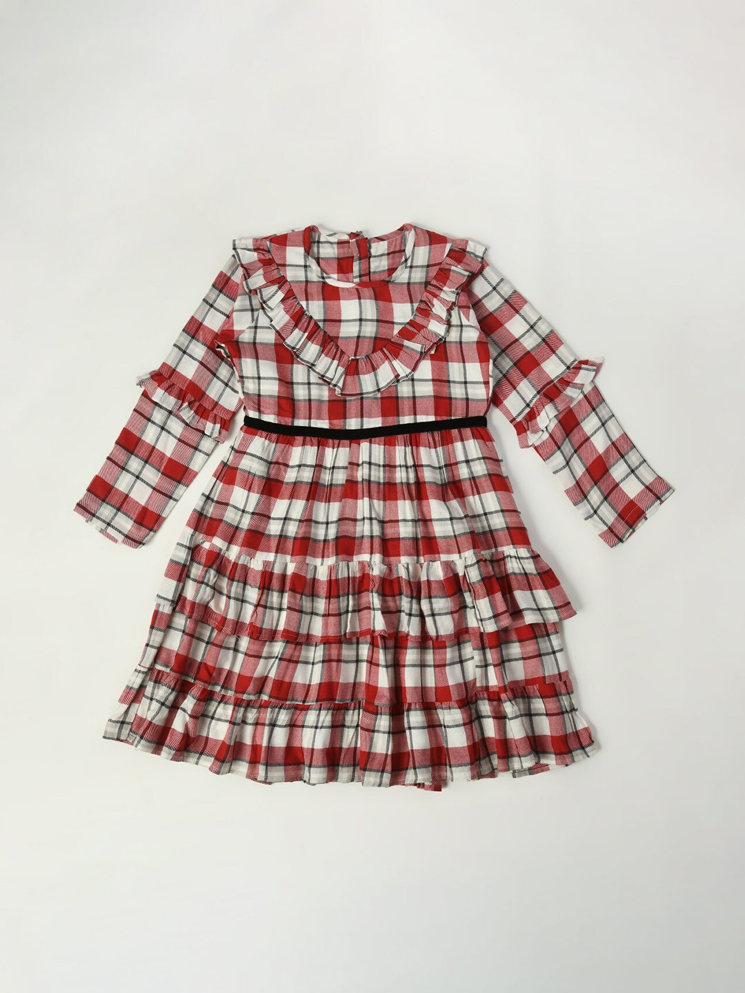 

Bella Moda Girls Checked Bell Sleeves Ruffled Layered Pure Cotton Fit & Flare Dress, Red