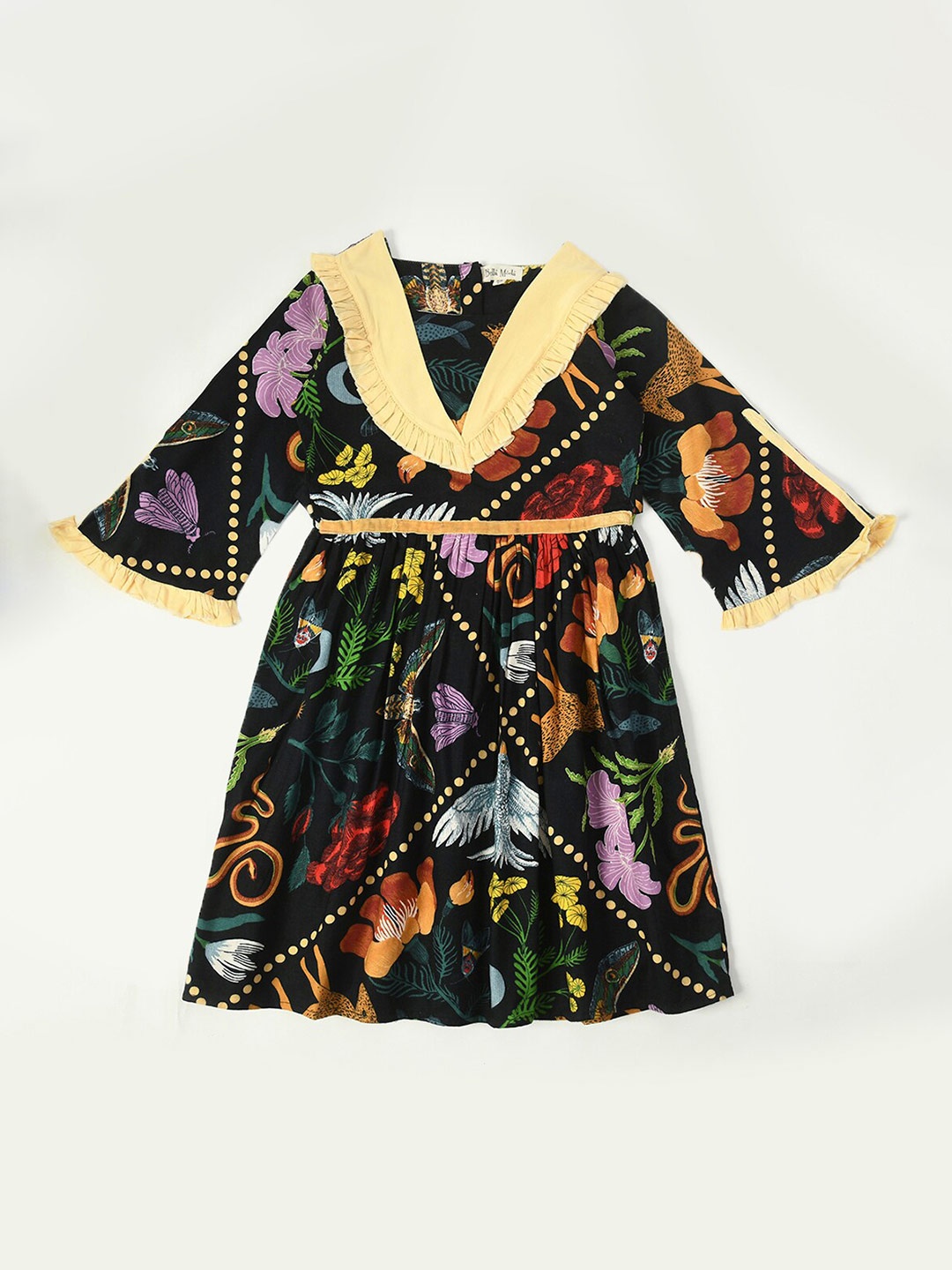 

Bella Moda Girls Floral Printed Pure Cotton Fit & Flare Dress, Navy blue