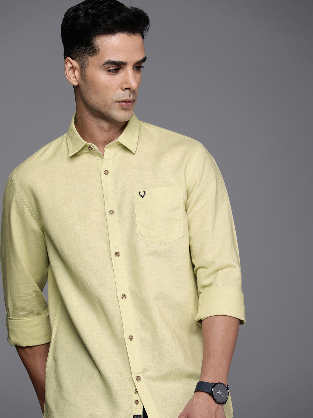 

Allen Solly Sport Linen Cotton Self Design Custom Slim Fit Textured Casual Shirt, Olive