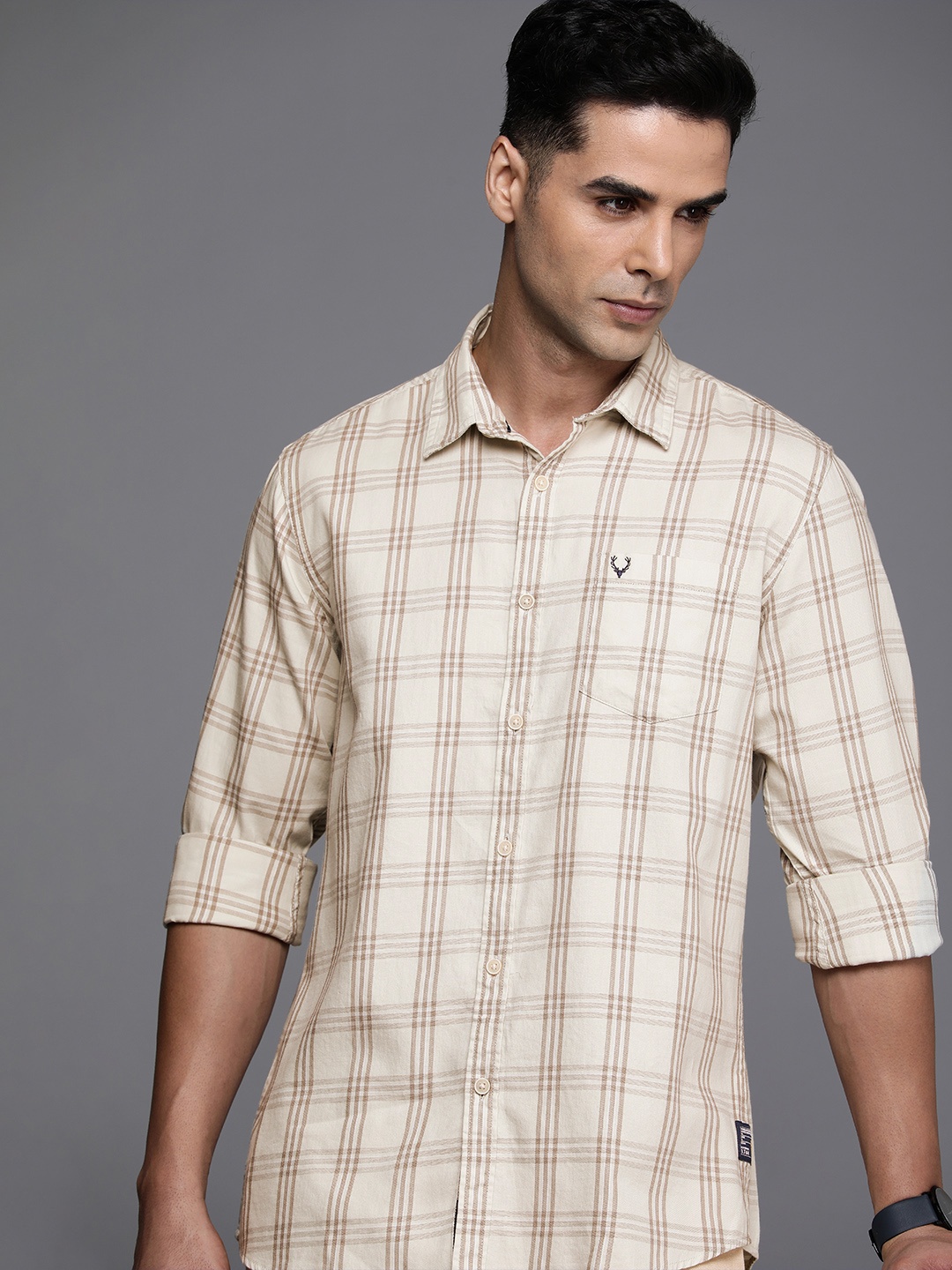 

Allen Solly Sport Pure Cotton Custom Slim Fit Checked Casual Shirt, Beige