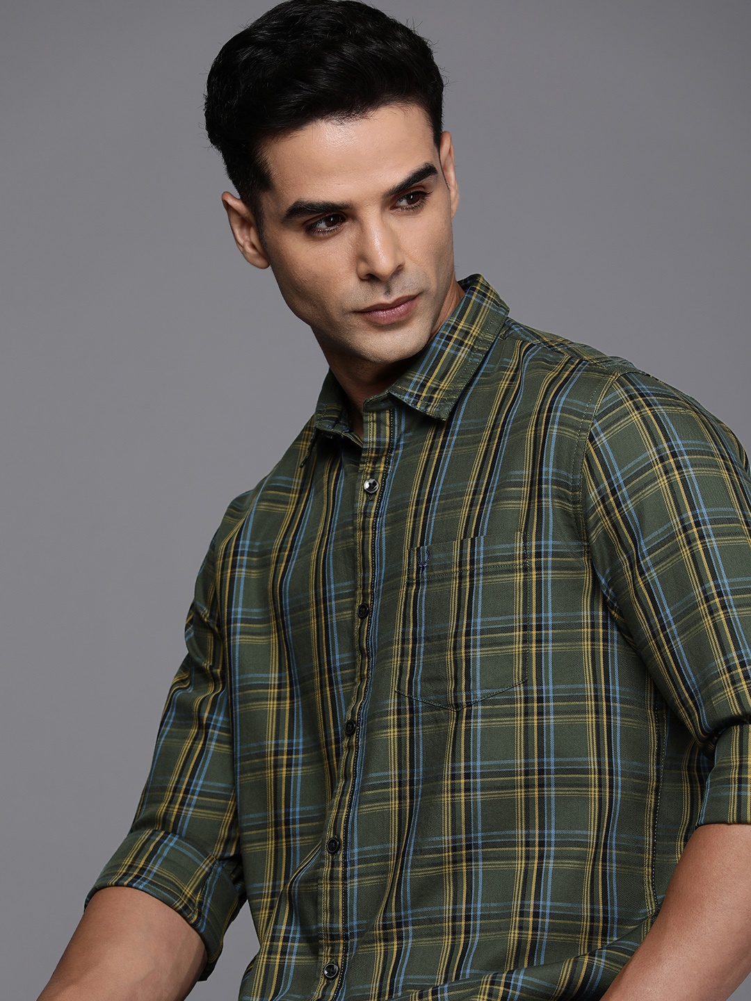 

Allen Solly Sport Pure Cotton Custom Slim Fit Checked Casual Shirt, Olive