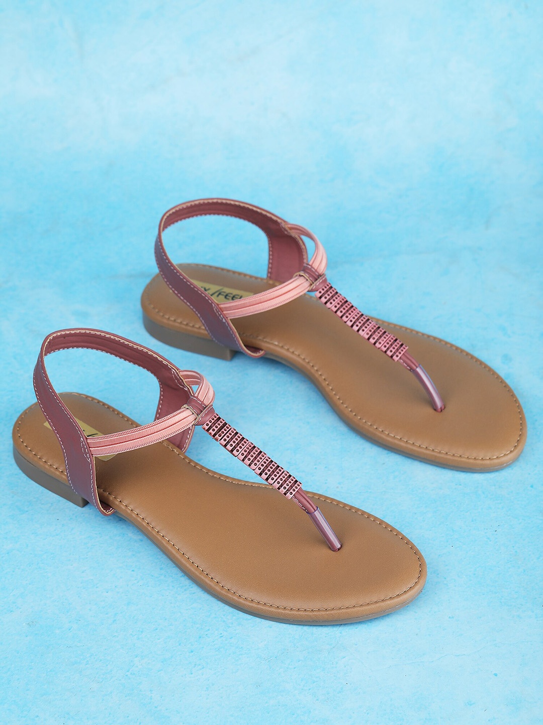 

Luxyfeel Embellished T-Strap Flats With Backstrap, Peach